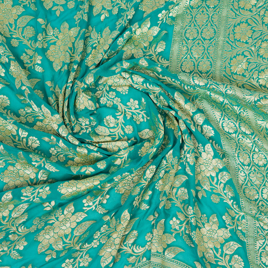 Dark Aqua Green - Pure Georgette Banarasi Dupatta with Floral Jaal Pattern