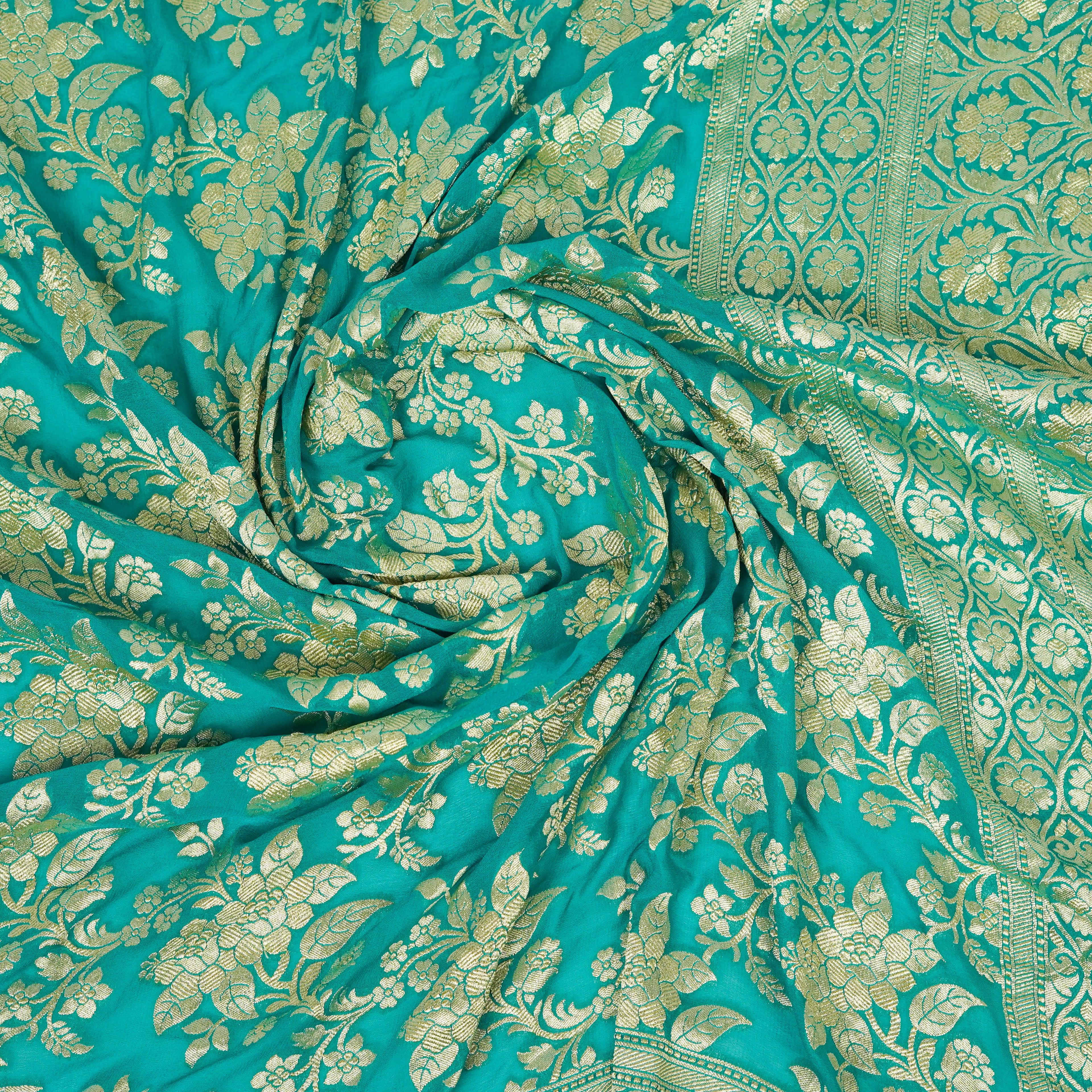 Dark Aqua Green - Pure Georgette Banarasi Dupatta with Floral Jaal Pattern