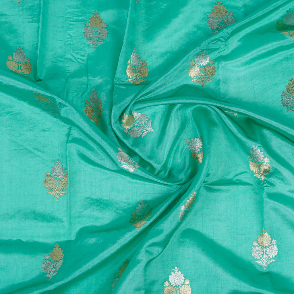 Sea Green - Pure Raw Mango Banarasi Saree with Silver Zari and Skirt Border Design