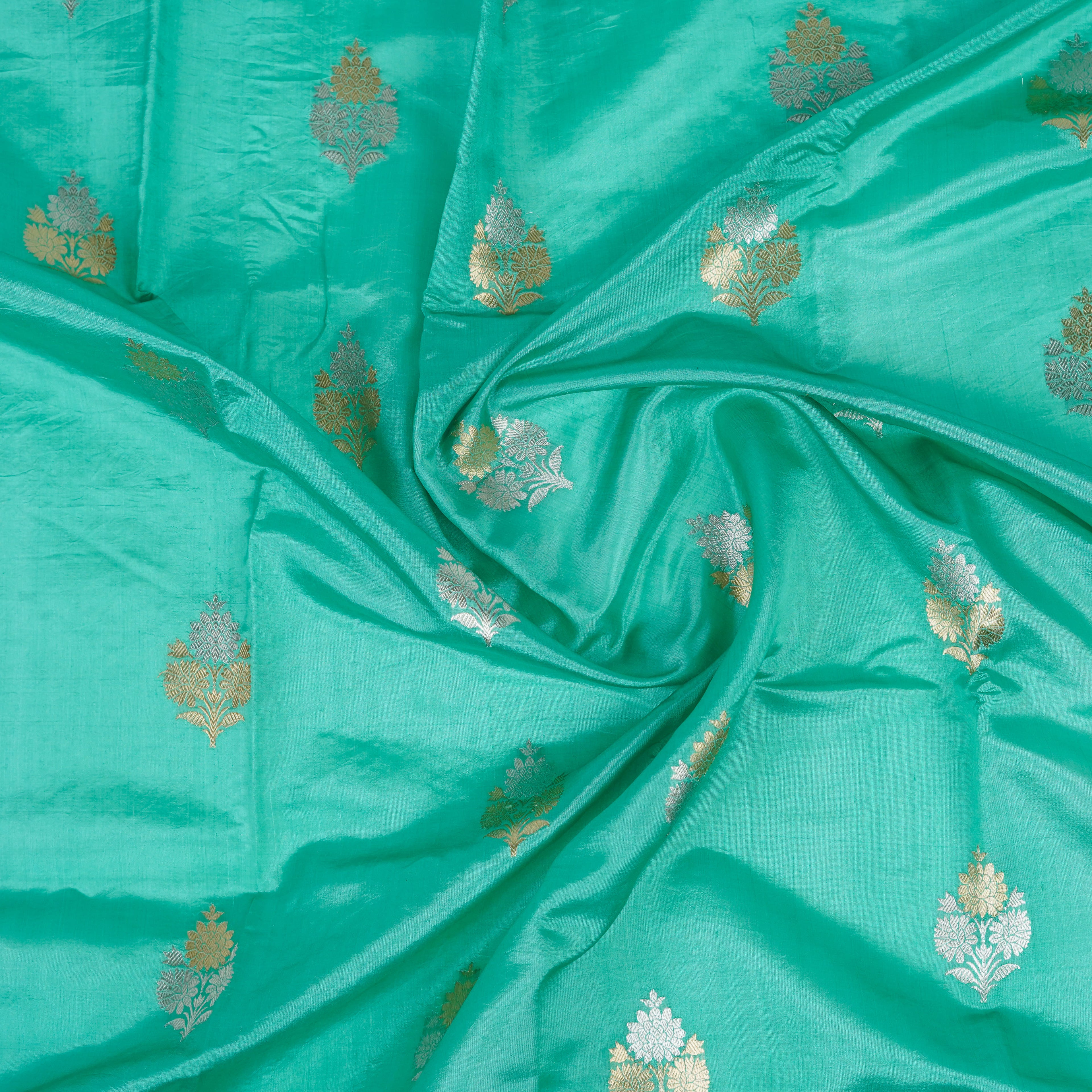 Sea Green - Pure Raw Mango Banarasi Saree with Silver Zari and Skirt Border Design