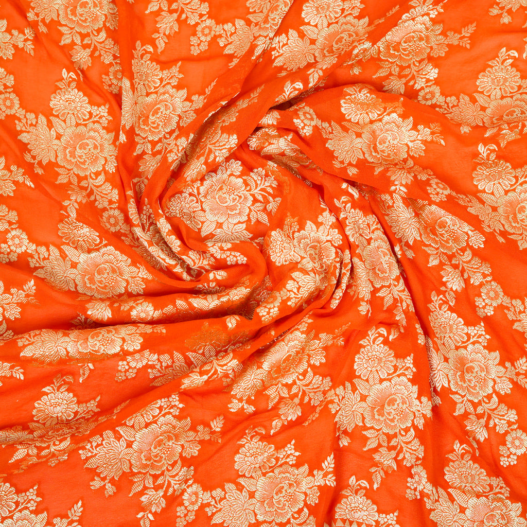 Bright Orange - Pure Georgette Banarasi Dupatta with Floral Jaal Pattern