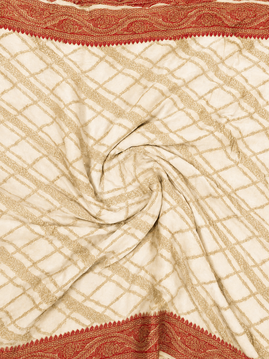 Ivory contrast with Classic Red- Pure Khaddi Chiffon Georgette Silk Banarasi Saree