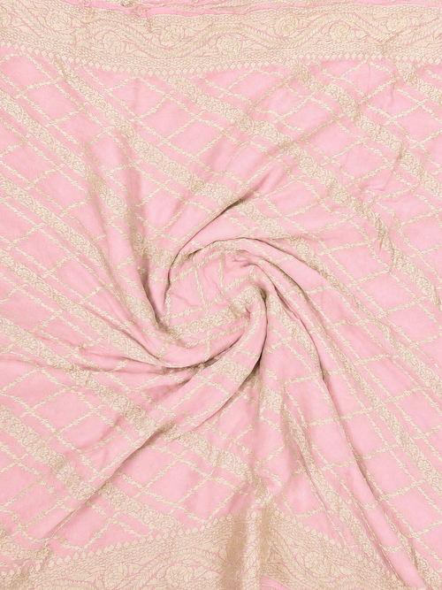 Baby Pink - Pure Khaddi Chiffon Georgette Silk Banarasi Saree