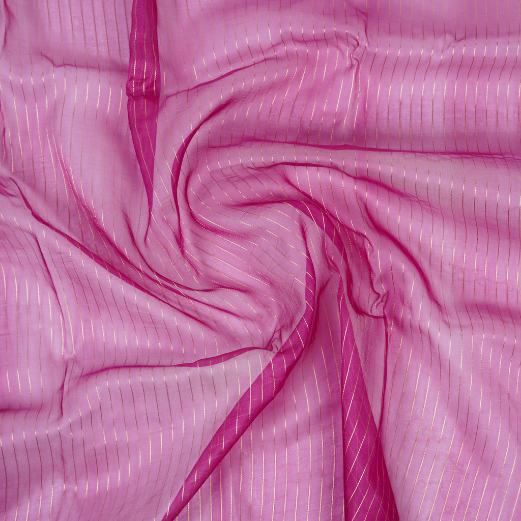 Hibiscus Pink - Pure Organza Banarasi Saree with Plain Stripe Pattern and Satin Border