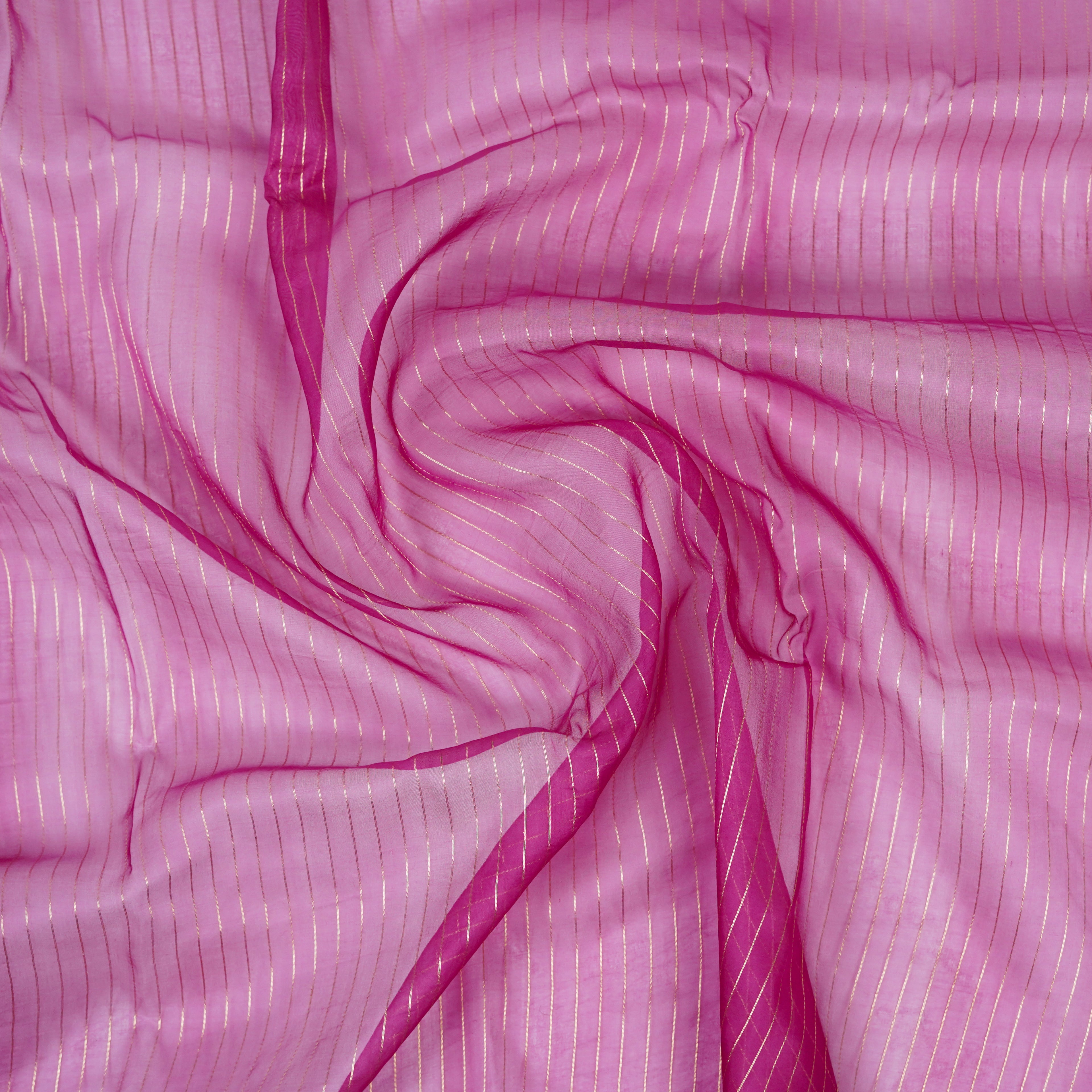 Hibiscus Pink - Pure Organza Banarasi Saree with Plain Stripe Pattern and Satin Border