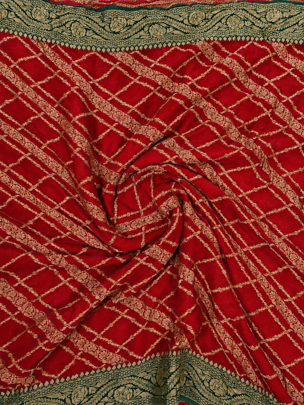 Classic Red contrast with Deep Green- Pure Khaddi Chiffon Georgette Silk Banarasi Saree