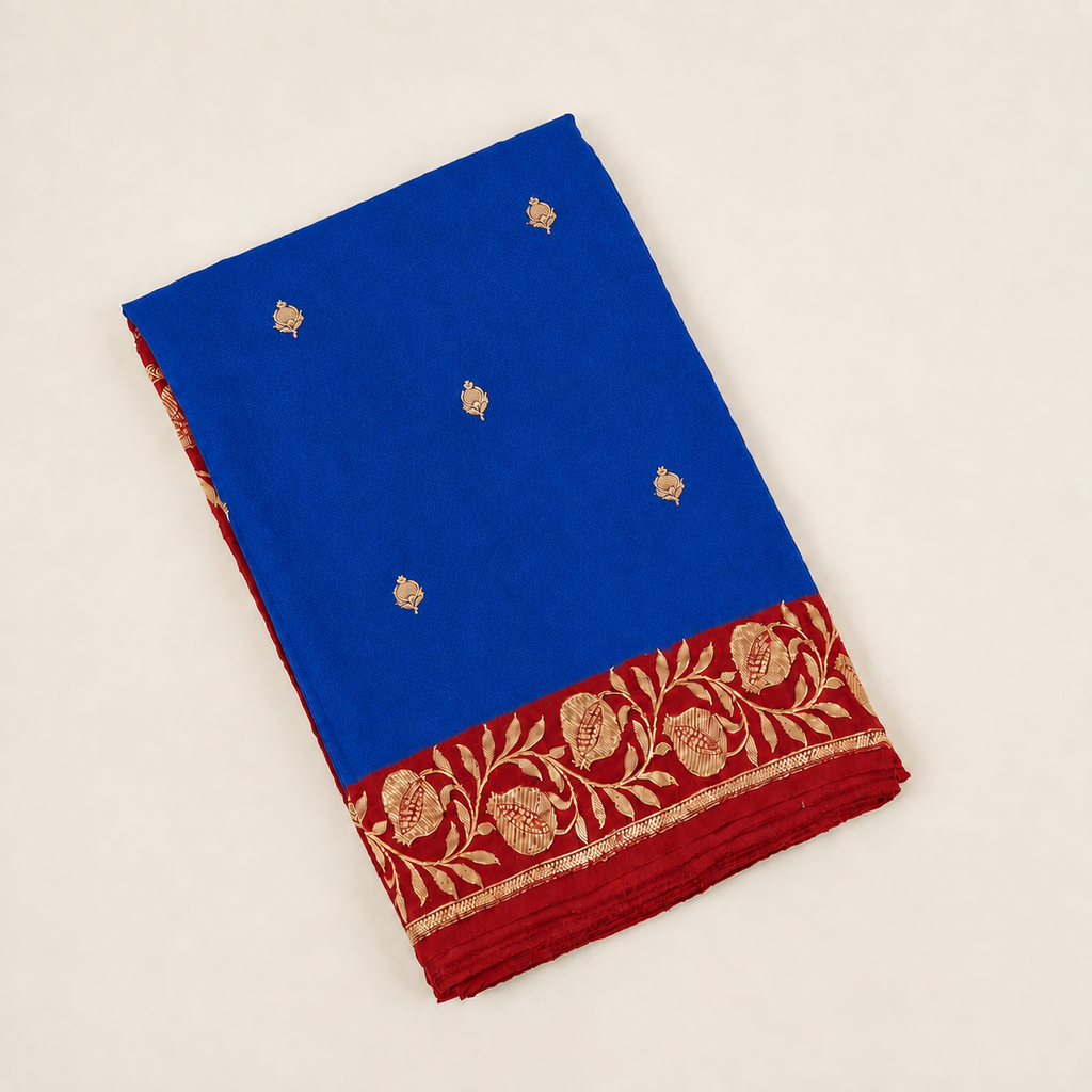 Magnetic Blue contrast with Red  - Pure Raw Mango Banarasi Saree