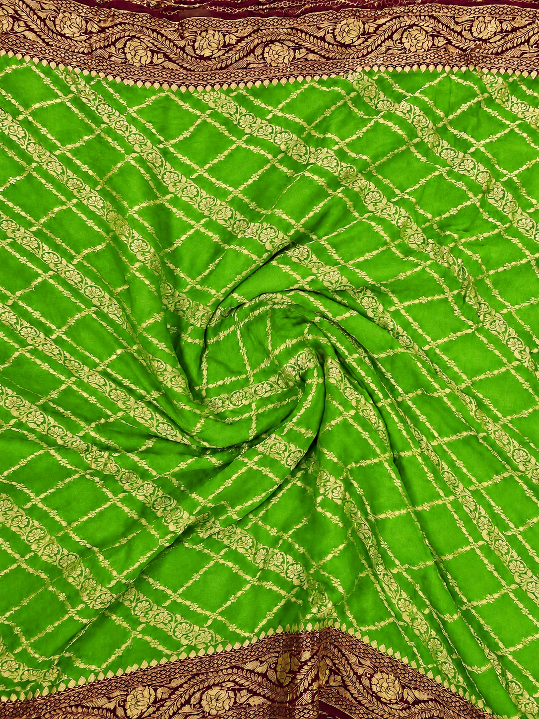 Parrot Green contrast with Wine - Pure Khaddi Chiffon Georgette Silk Banarasi Saree