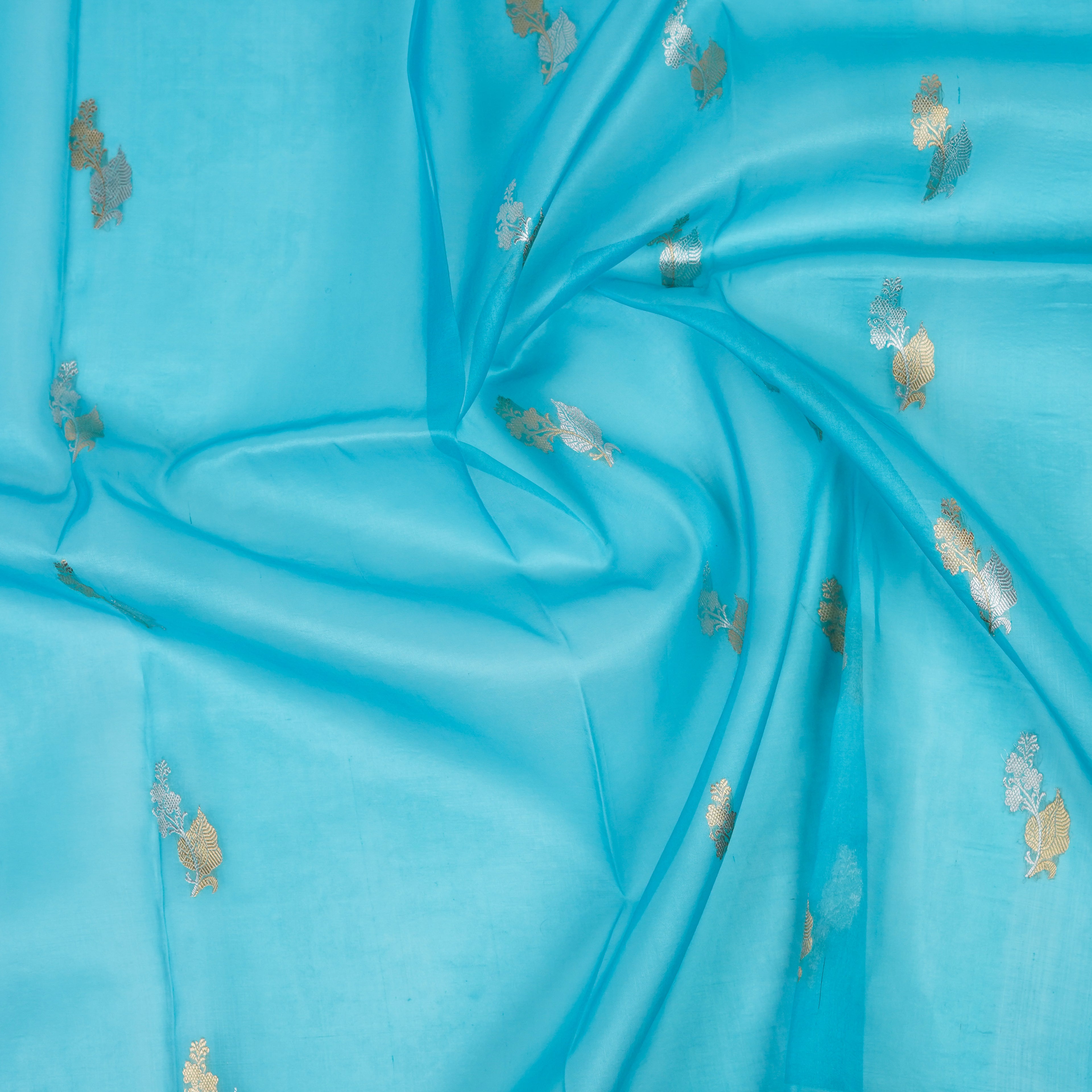 Sky Blue - Pure Organza Banarasi Saree with light Golden silver Zari Booti