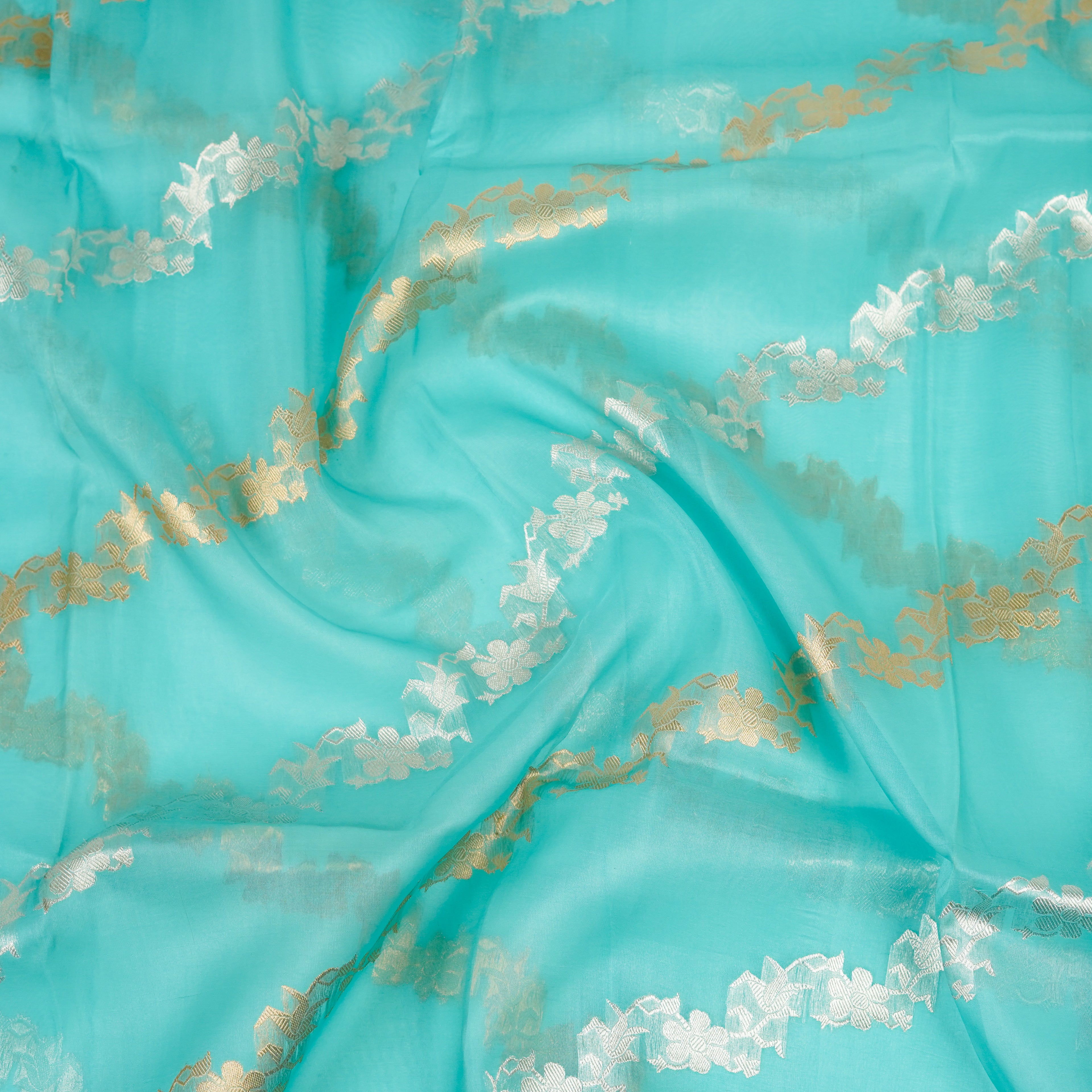 Sky Blue - Pure Organza Banarasi Saree with Banarasi Half Laheria in gold and silver