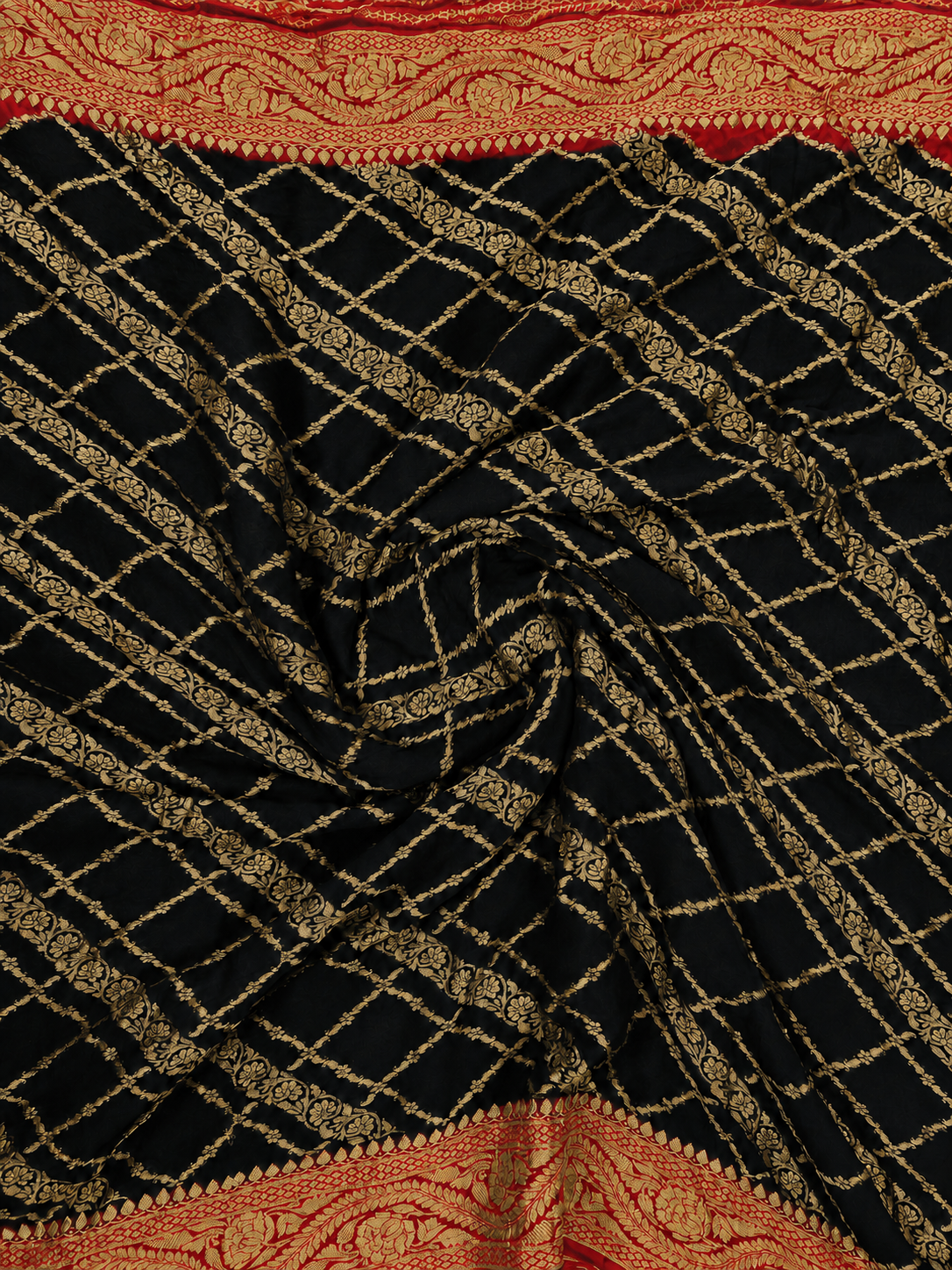 Black contrast with Classic Red - Pure Khaddi Chiffon Georgette Silk Banarasi Saree