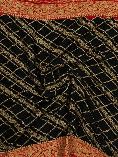 Black contrast with Classic Red - Pure Khaddi Chiffon Georgette Silk Banarasi Saree