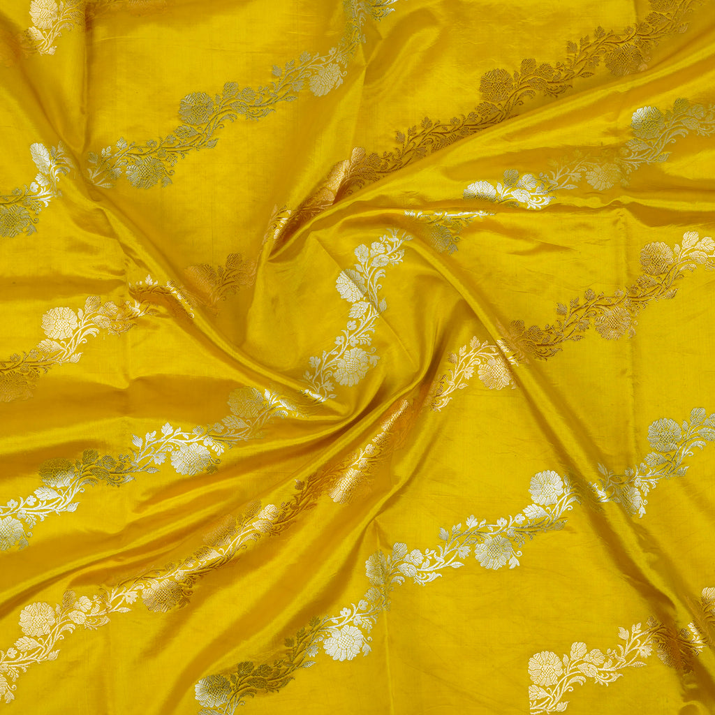 Mustard Yellow - Pure Raw Mango Banarasi Saree with Parallel Ara Jaal in Golden and Silver Zari