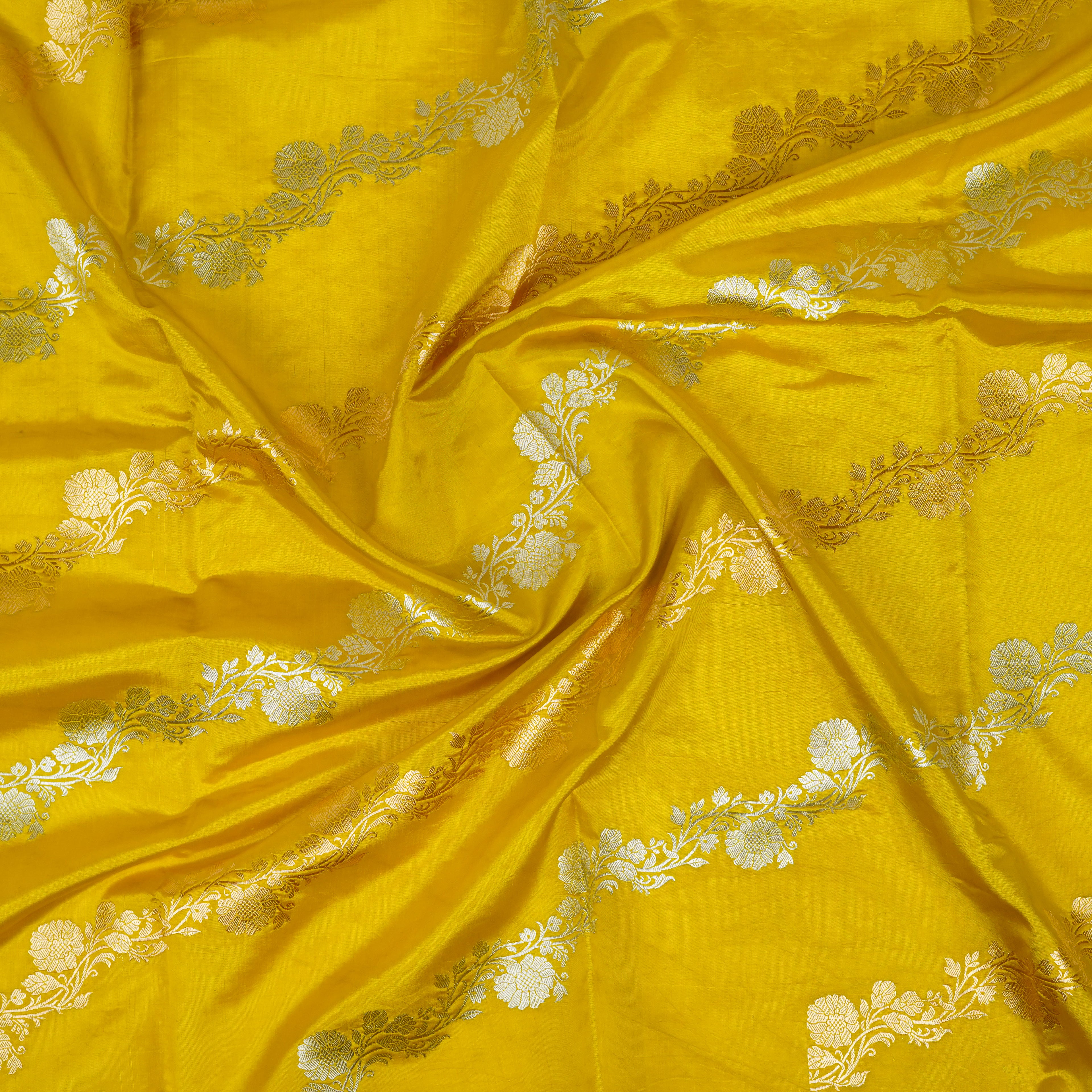 Mustard Yellow - Pure Raw Mango Banarasi Saree with Parallel Ara Jaal in Golden and Silver Zari