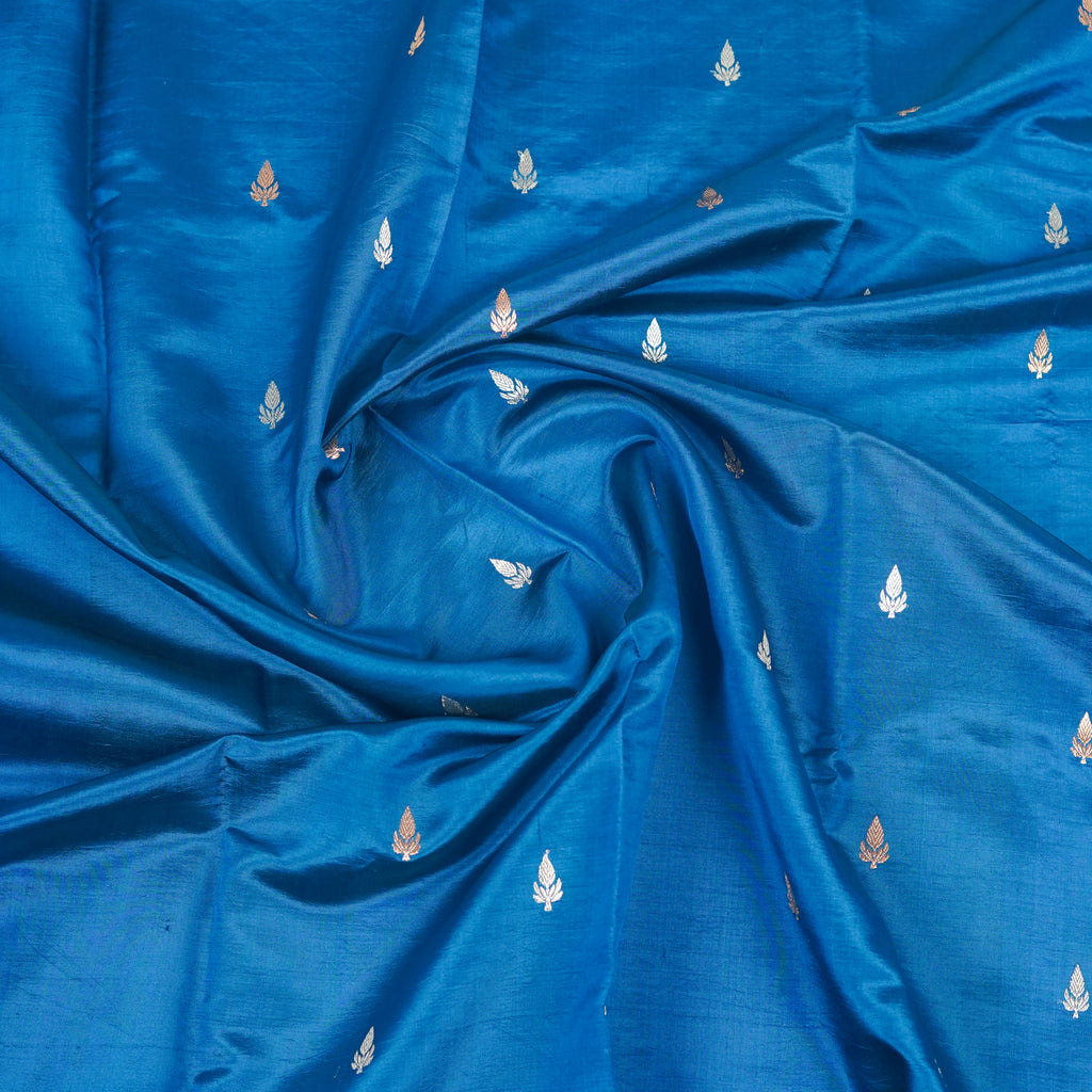 German Blue Contrast with lavender border - Pure Banarasi silk Saree with small golden and silver booti