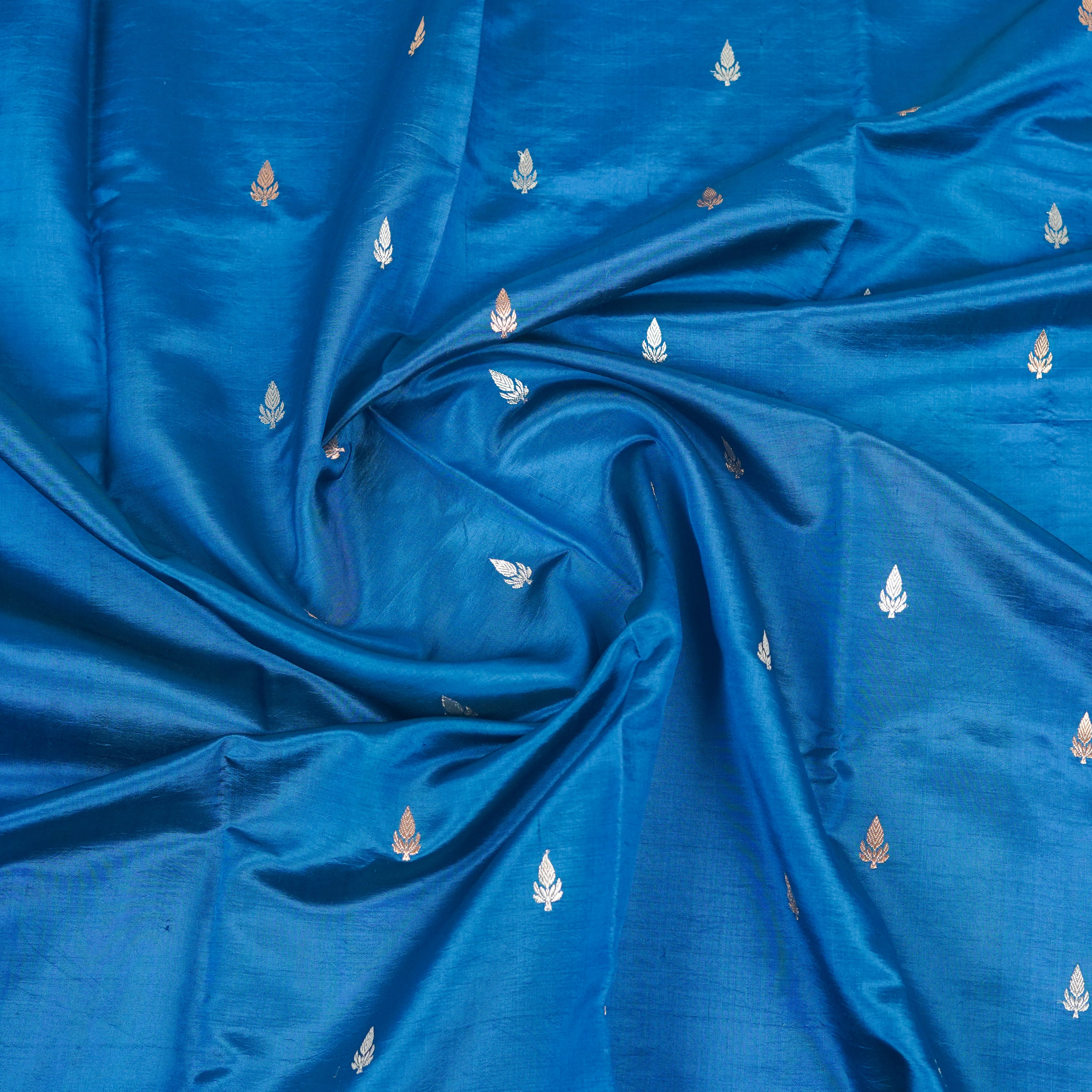 German Blue Contrast with lavender border - Pure Banarasi silk Saree with small golden and silver booti