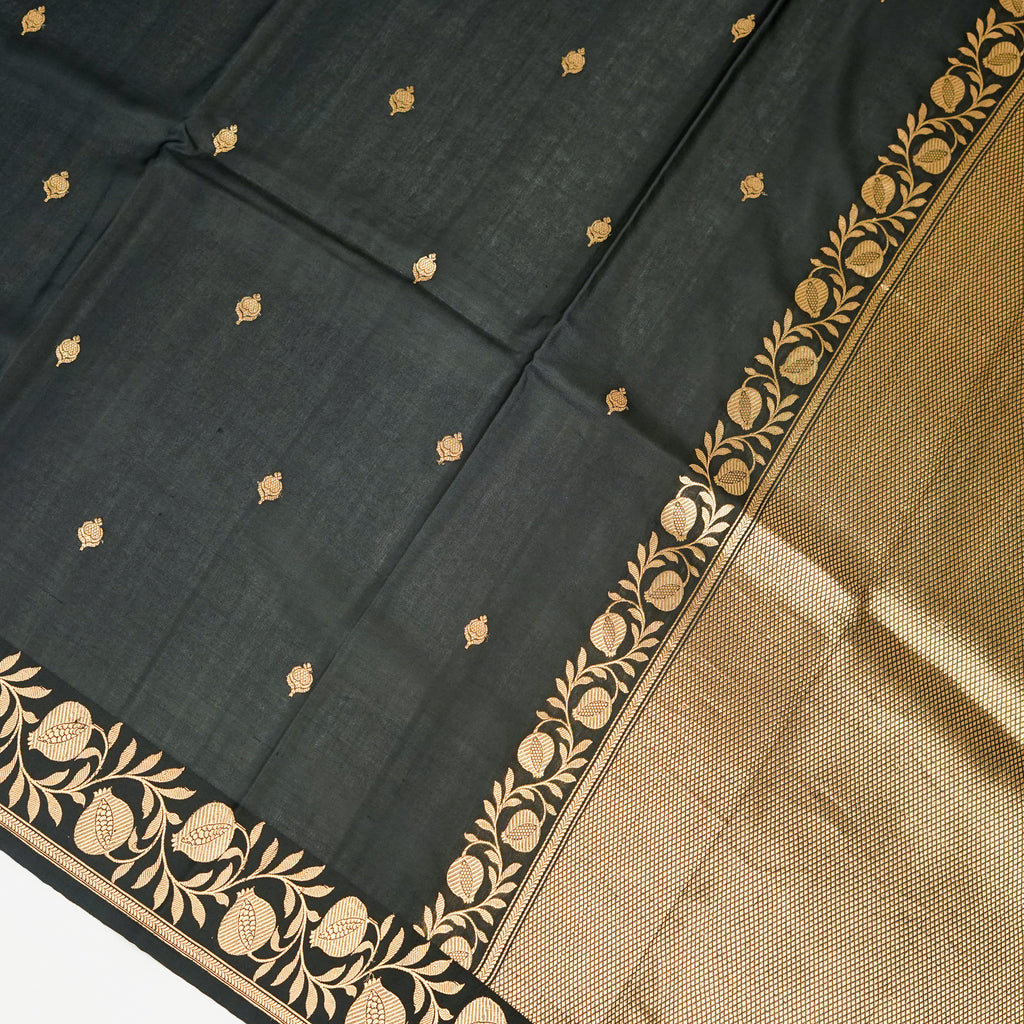 Black  - Pure Raw Mango Banarasi Saree with Goldenand silver Booti Motifs