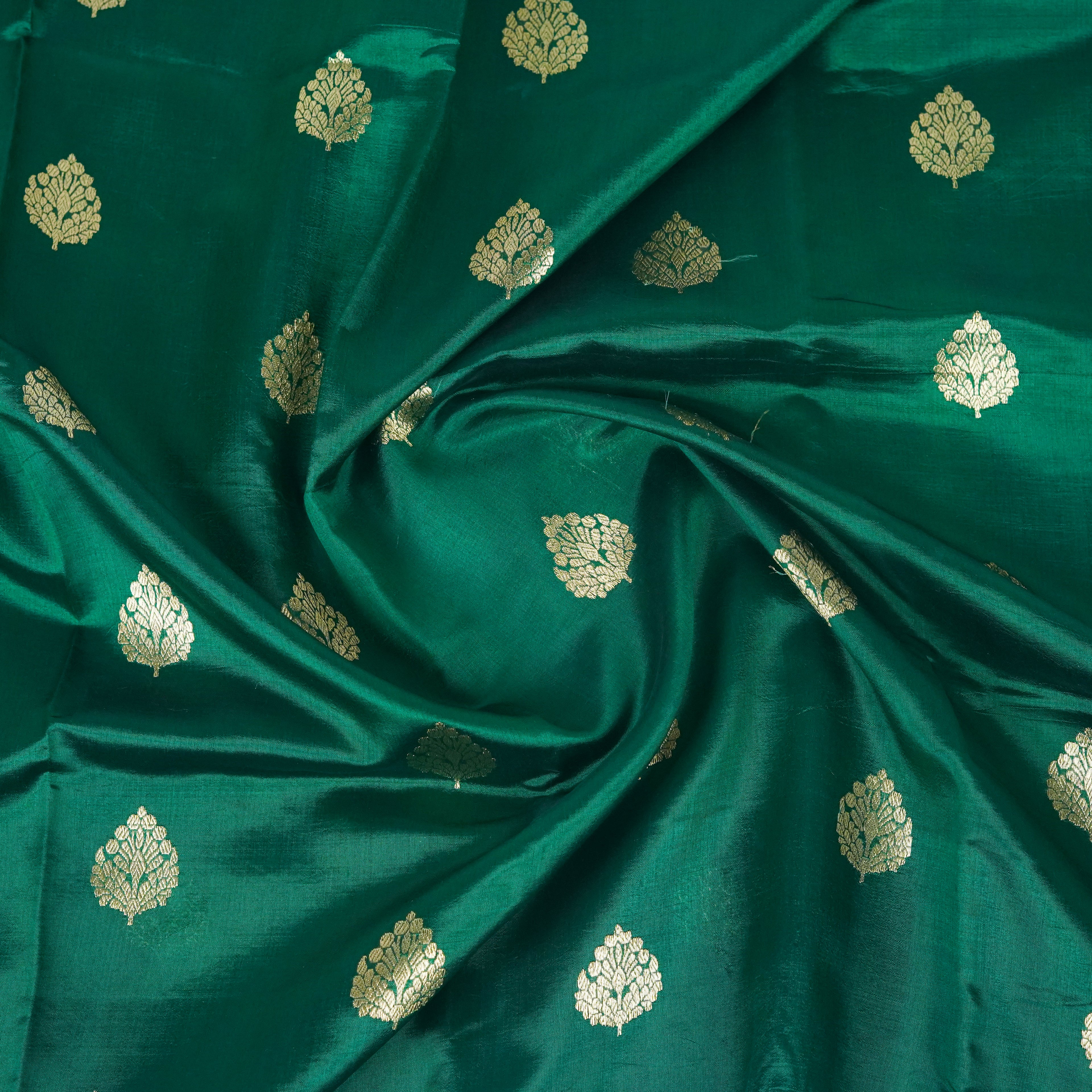 Bottle Green Contrast with Sky blue border - Pure Raw Mango Banarasi Saree with Golden Boota Motifs