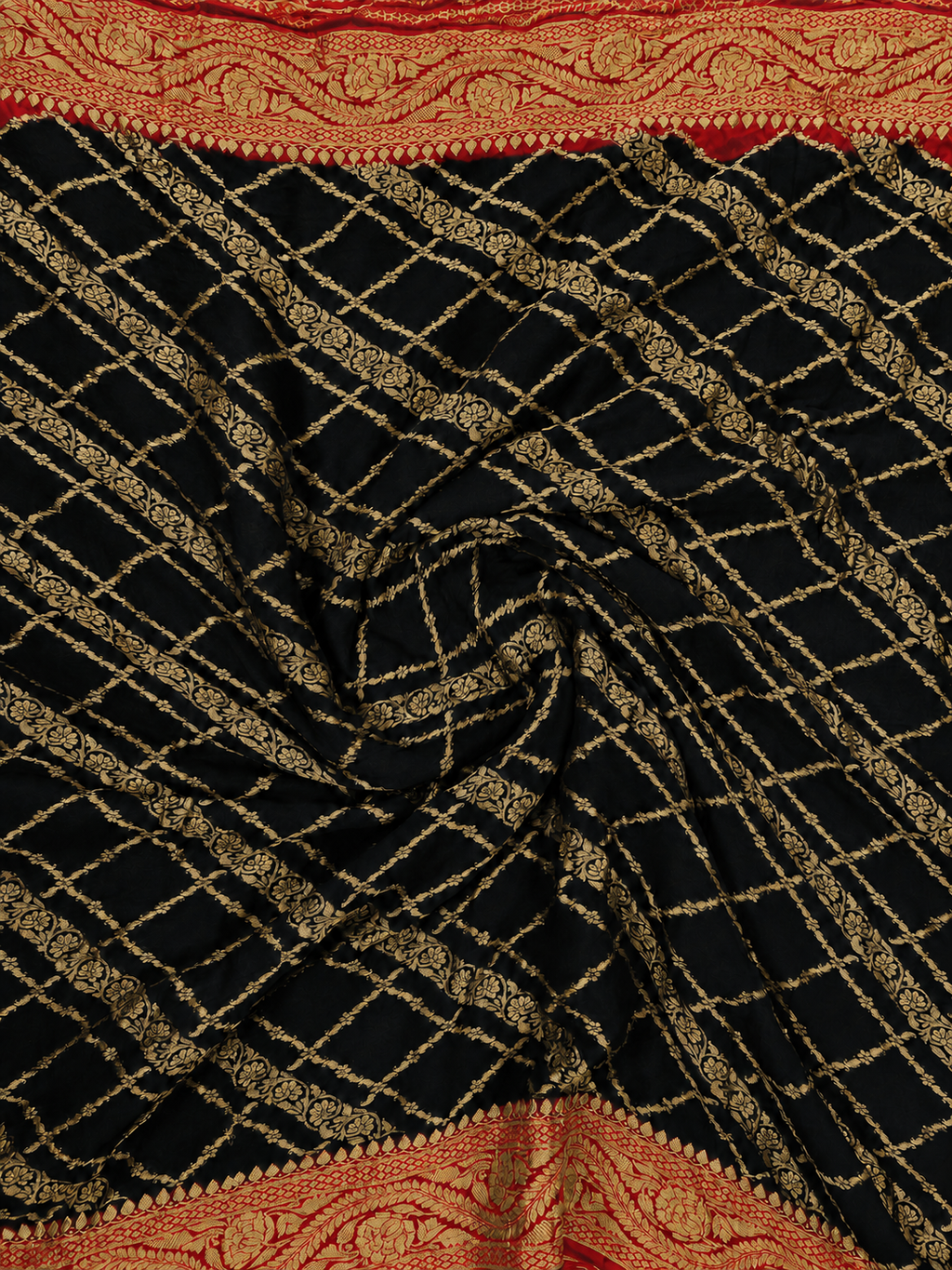 Black contrast with Classic Red - Pure Khaddi Chiffon Georgette Silk Banarasi Saree (Copy)