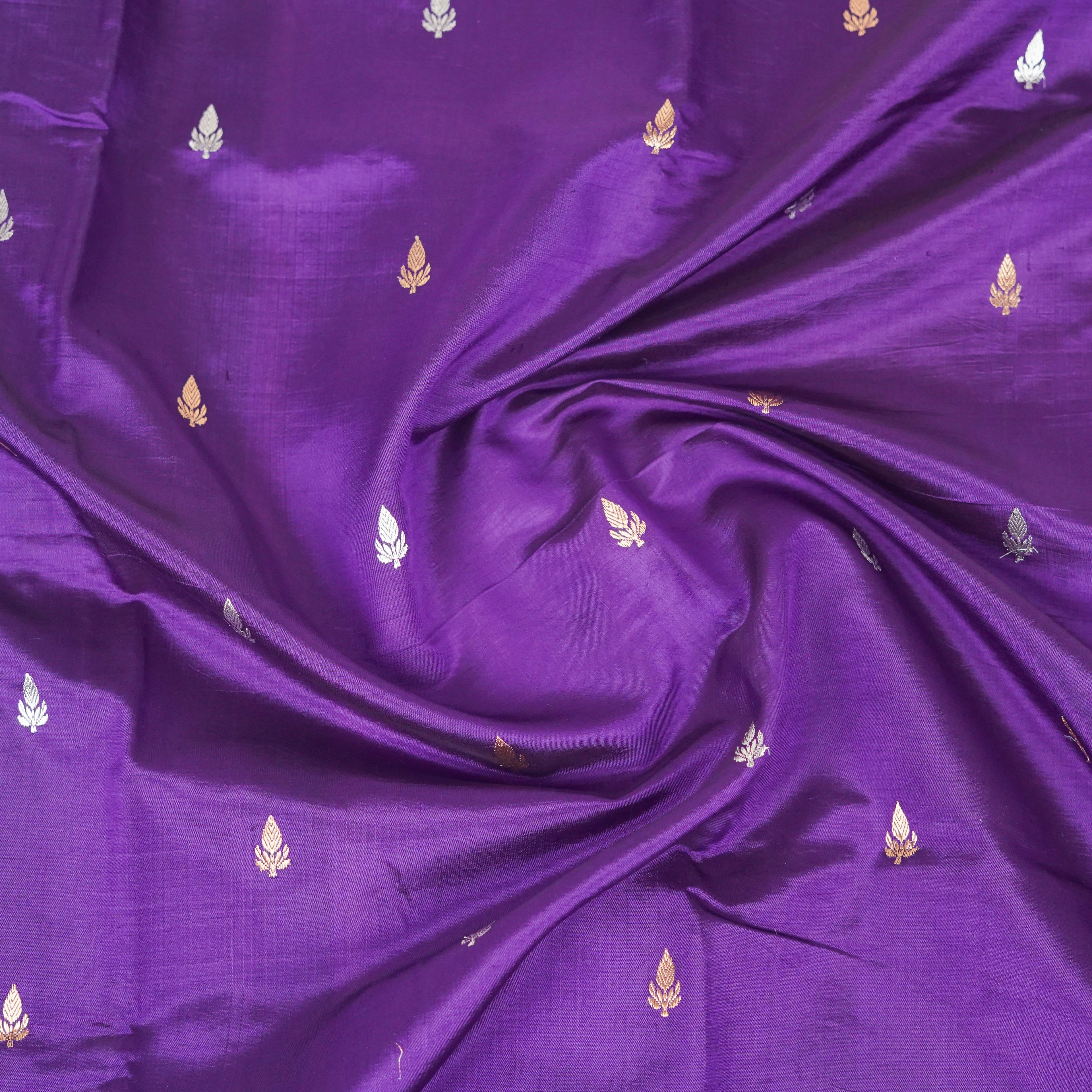 Purple Contrast with baby pink border - Pure Raw Mango Banarasi Saree with Goldenand silver Booti Motifs