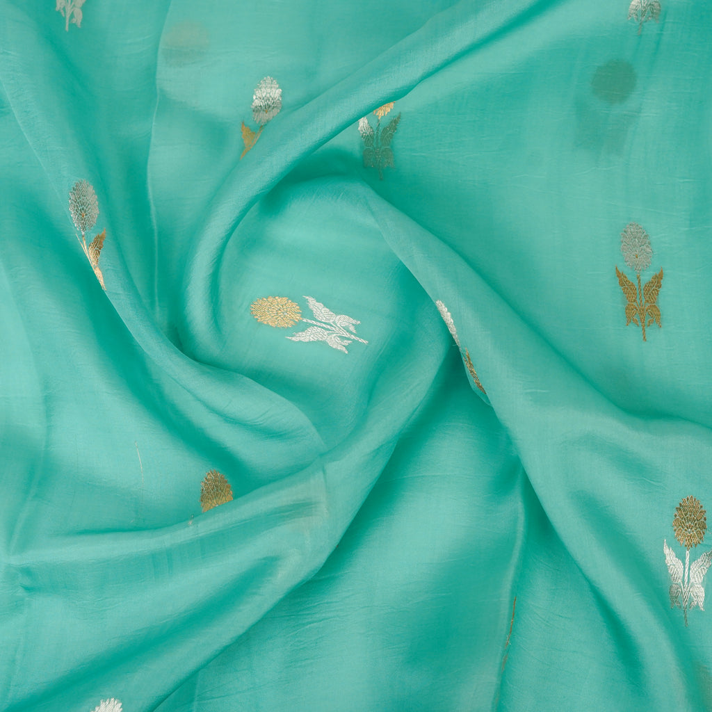 Aqua Teal Blue - Pure Organza Silk Banarasi Saree with Alfi Boota