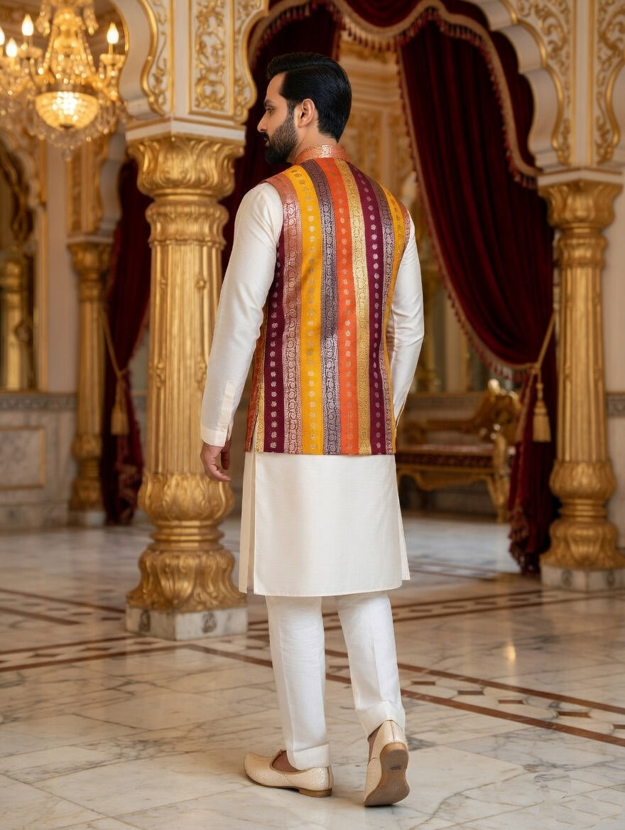 Multicolor Striped - Men's Silk Blend Sleeveless Striped Design Nehru Jacket