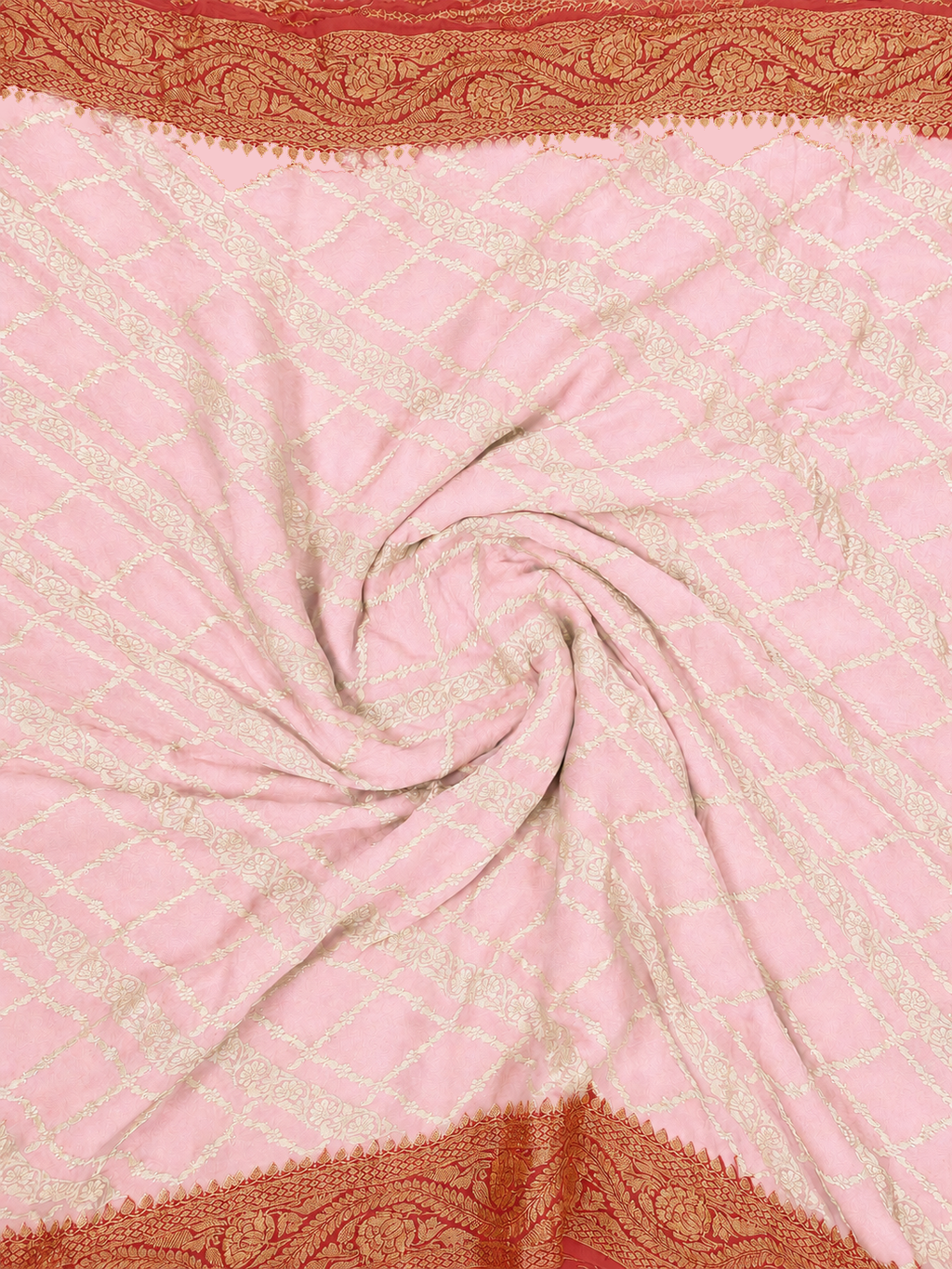 Baby Pink contrast with Golden Red - Pure Khaddi Chiffon Georgette Silk Banarasi Saree