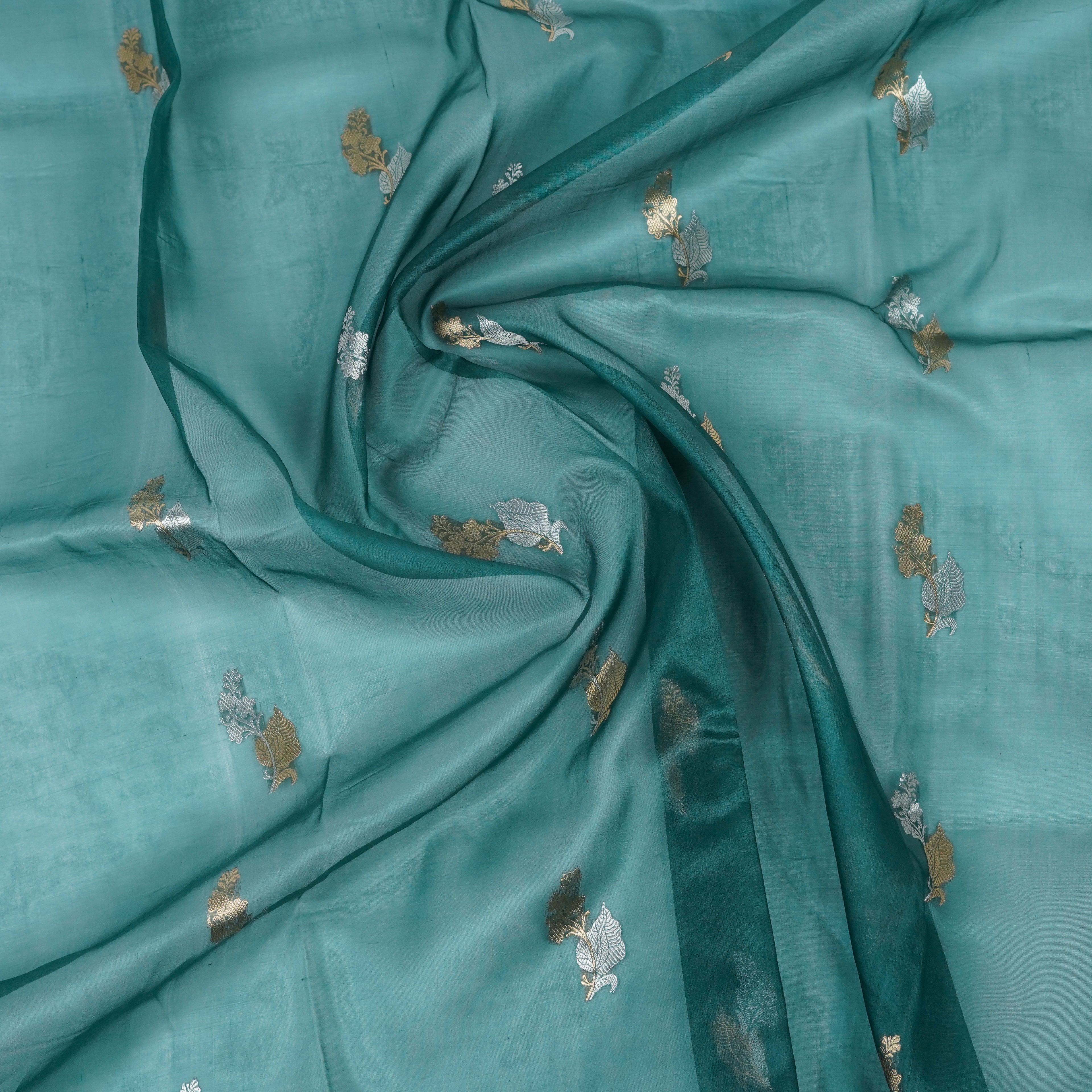 Emerald Deep Green - Pure Organza Banarasi Saree with light Golden silver Zari Booti