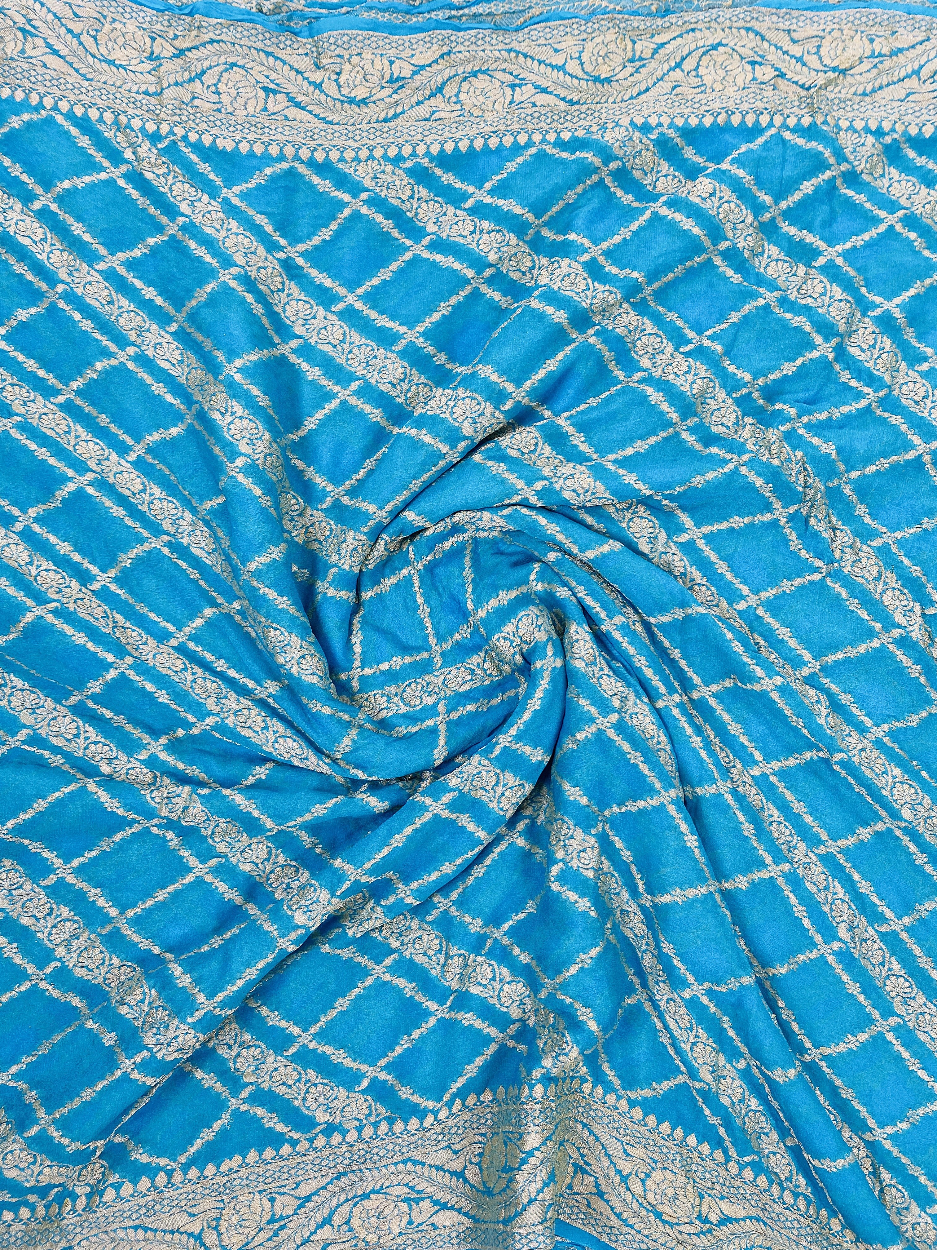 Sky Blue - Pure Khaddi Chiffon Georgette Silk Banarasi Saree