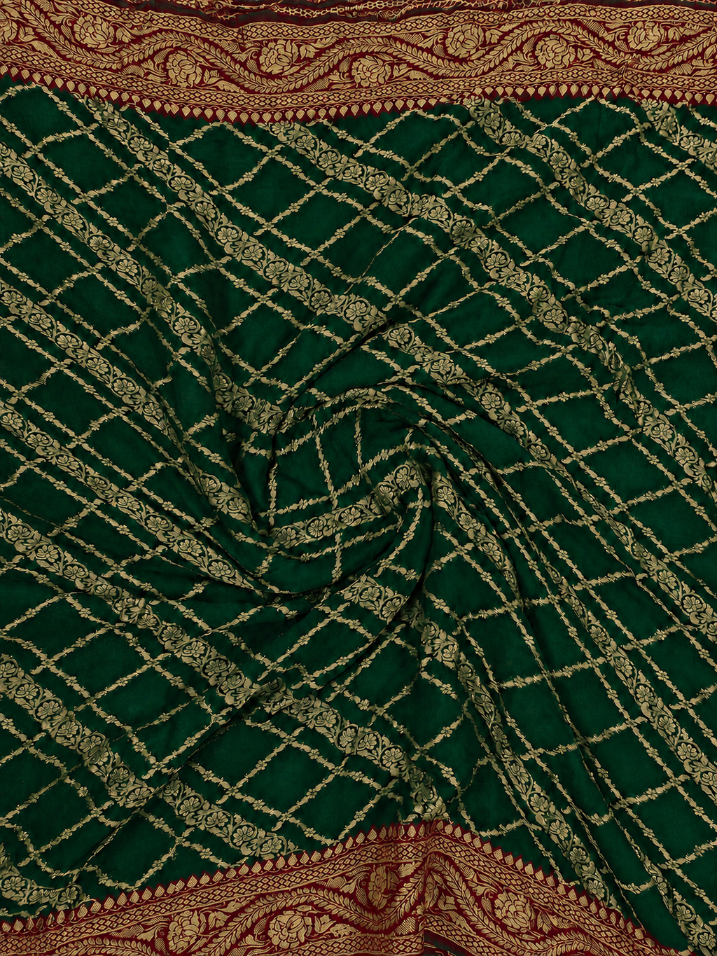 Bottle Green contrast with classic Red - Pure Khaddi Chiffon Georgette Silk Banarasi Saree