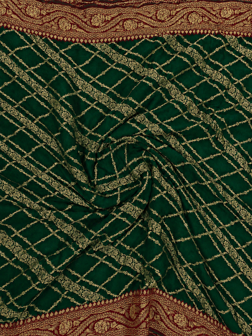 Bottle Green contrast with classic Red - Pure Khaddi Chiffon Georgette Silk Banarasi Saree