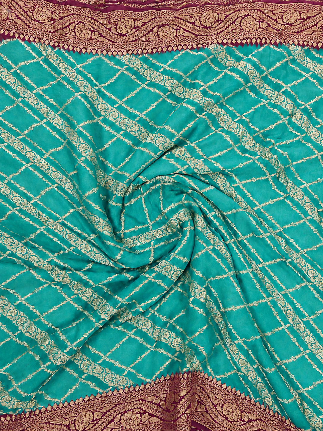 Sea Green contrast with Wine - Pure Khaddi Chiffon Georgette Silk Banarasi Saree