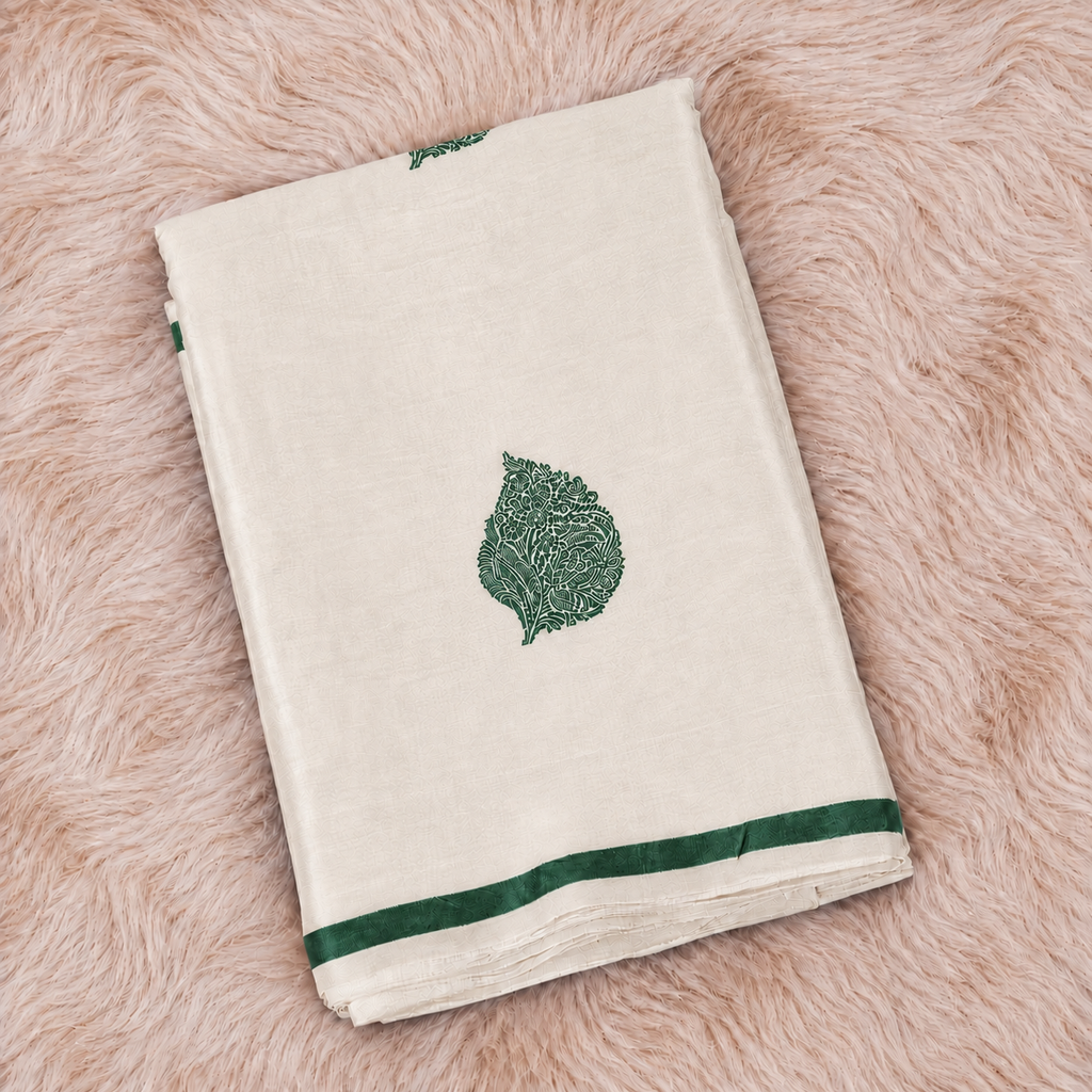 Off white with beautiful Deep Green motifs - Pure Soft Mashru Silk Banarasi Saree