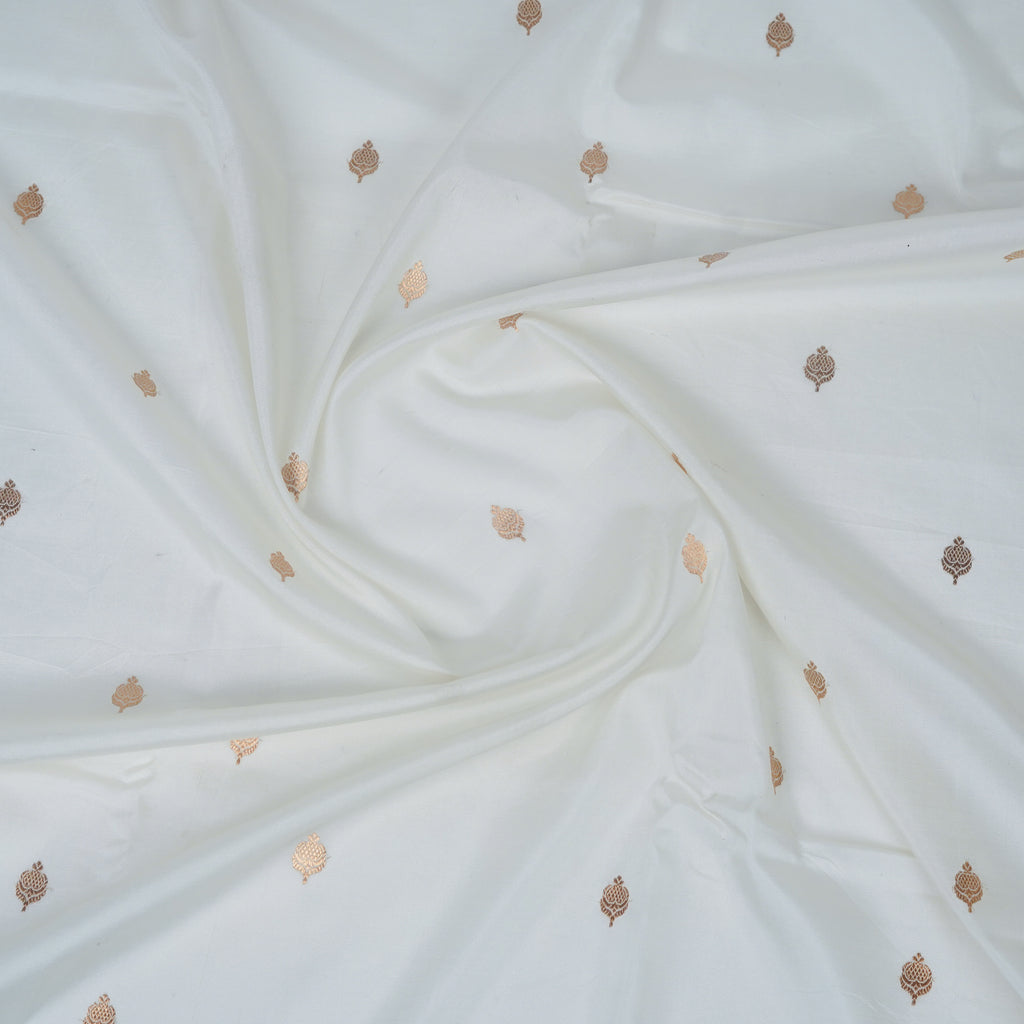 White Contrast with red border - Pure Katan Georgette Banarasi Saree with Satin Border and small golden zari booti