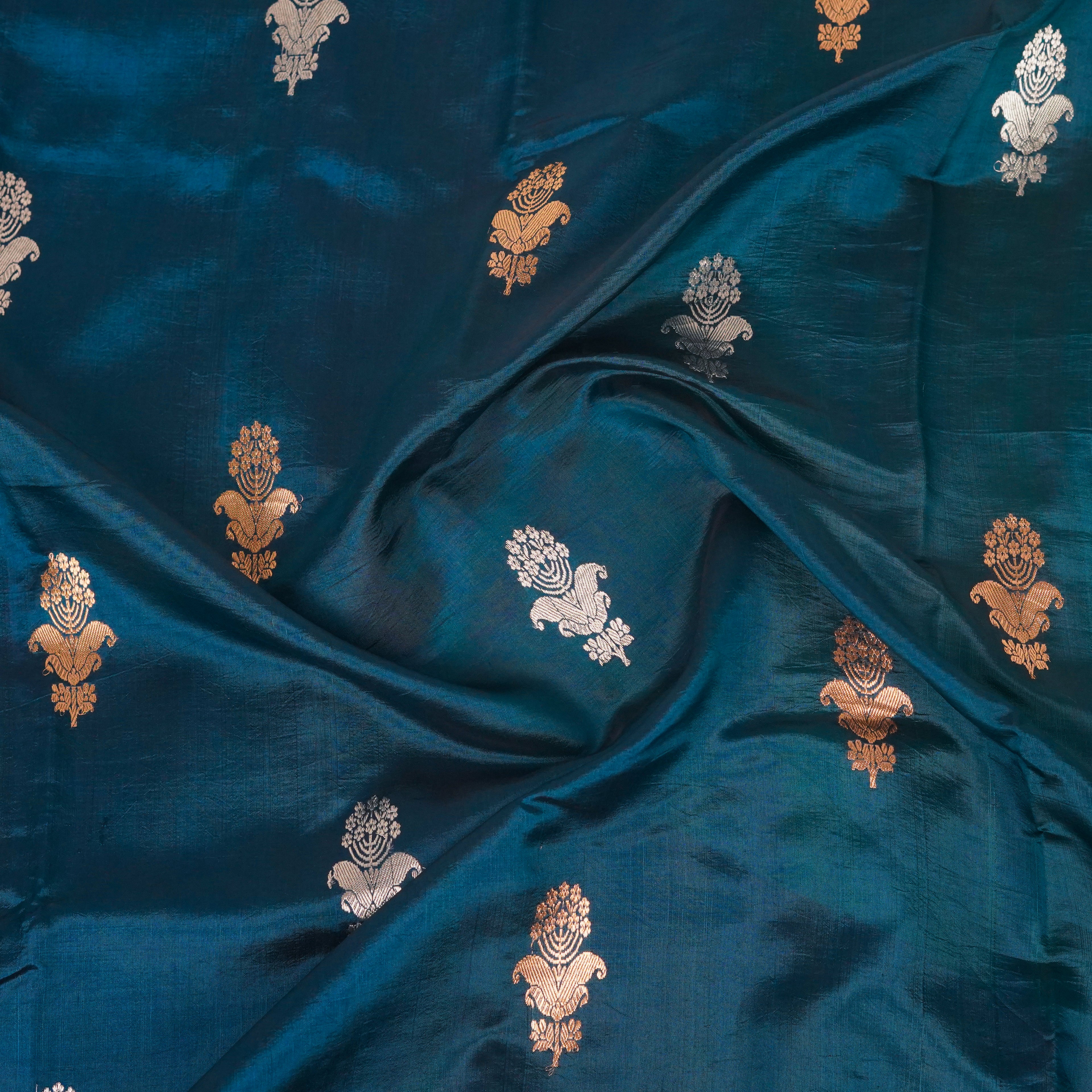 Dark Rama Contrast with Sea Green - Pure Raw Mango Banarasi Saree with Golden and silver Boota Motifs