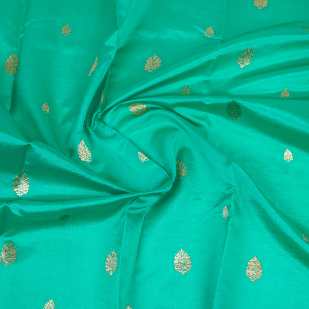 Green - Pure Raw Mango Banarasi Saree with Golden Boota Motifs and Laheria Design at Satin Border