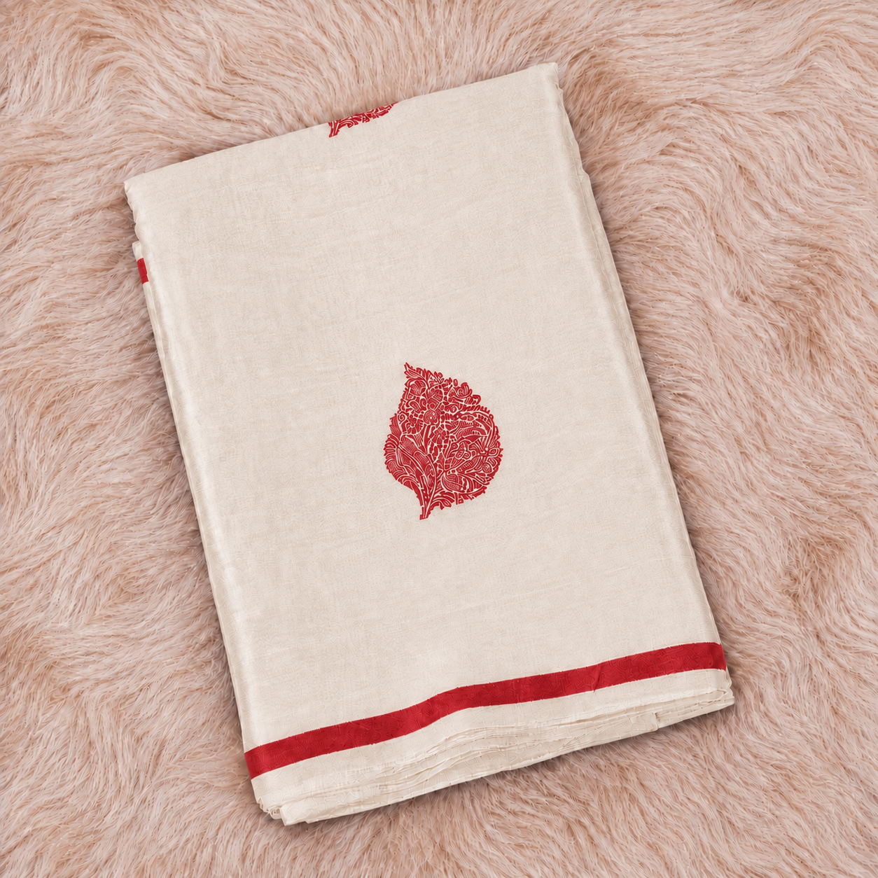 Off white with beautiful Red motifs - Pure Soft Mashru Silk Banarasi Saree