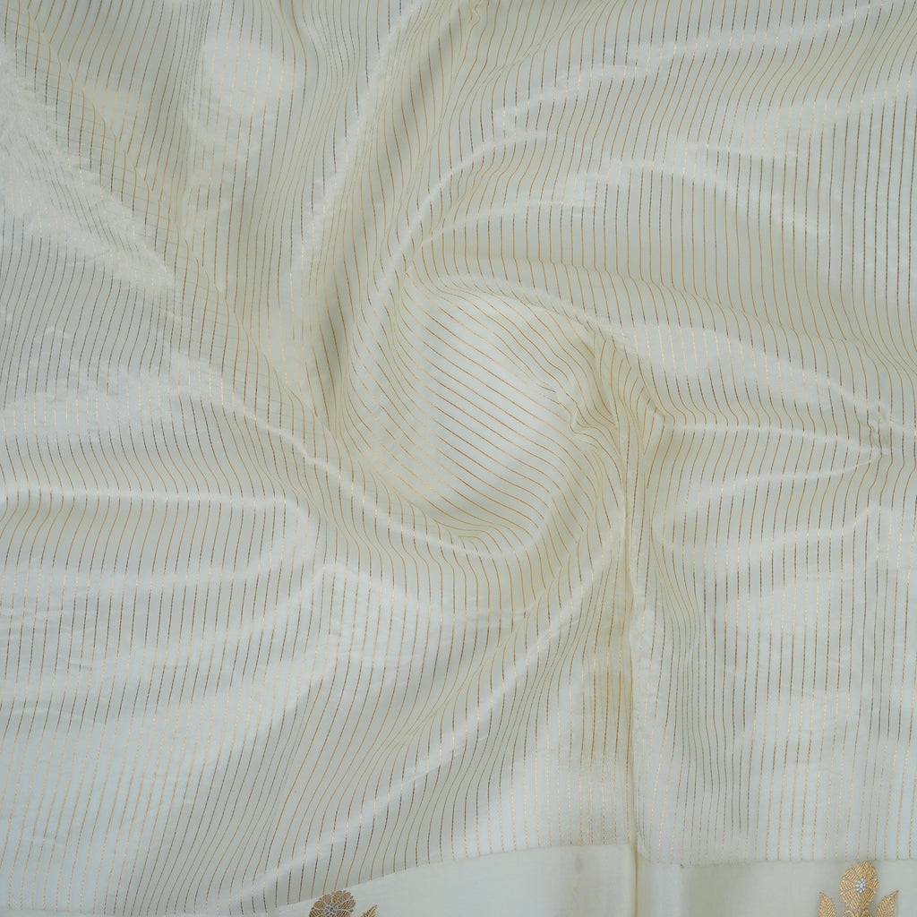 Off-white - Pure Organza Banarasi Saree with Plain Stripe Pattern and Satin Border