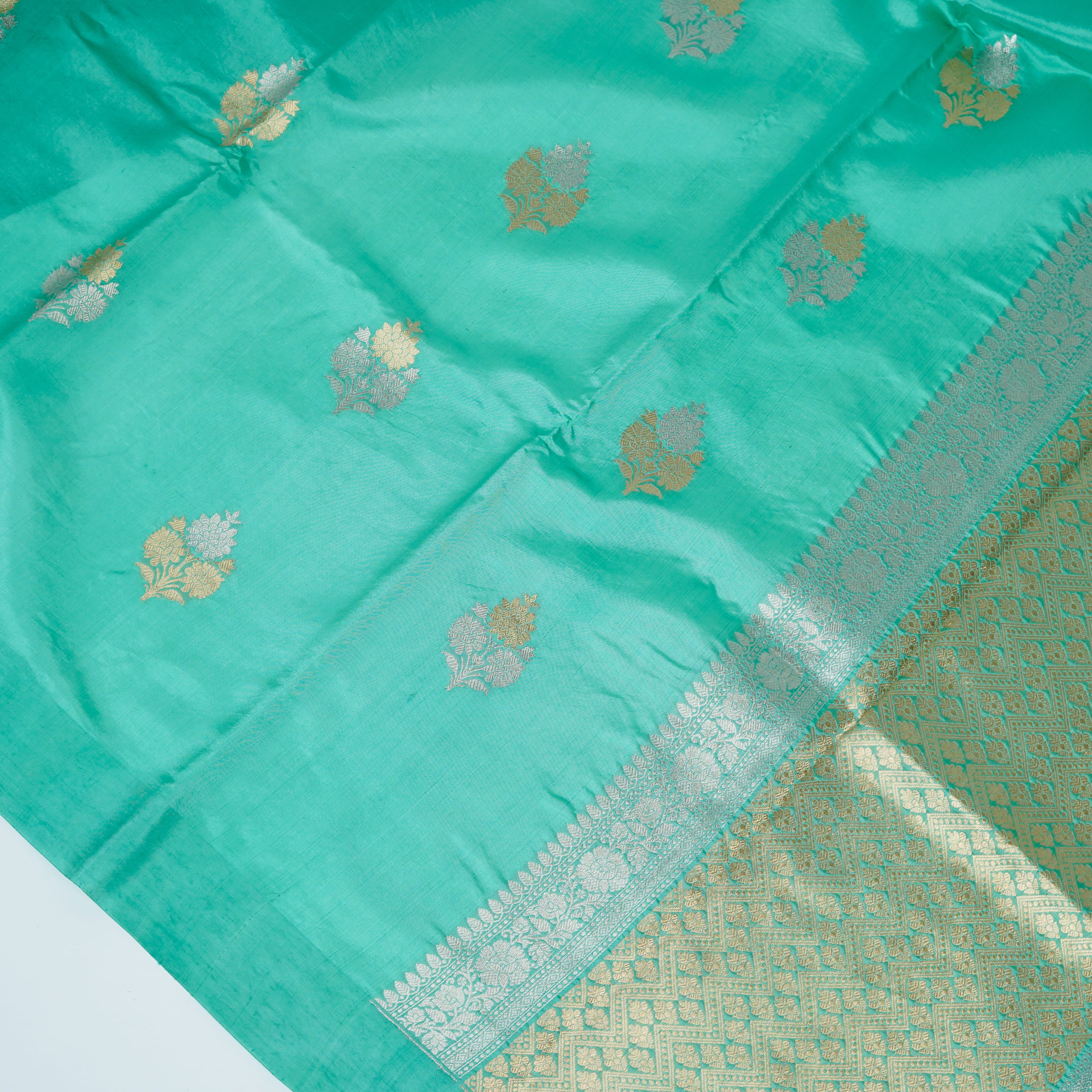 Sea Green - Pure Raw Mango Banarasi Saree with Silver Zari and Skirt Border Design