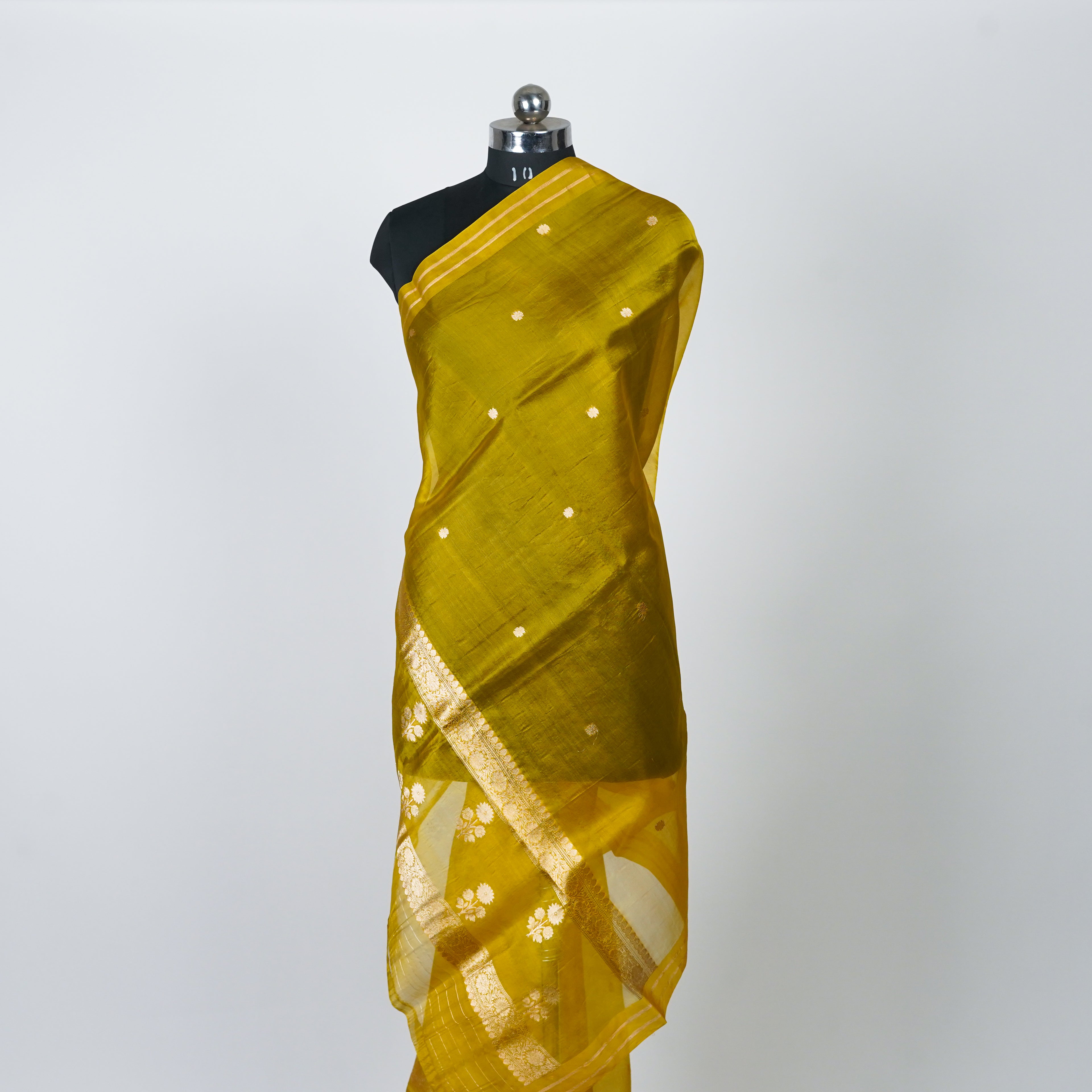 Yellow Banarasi Handloom Luxury Suit set contrast with golden yellow color.