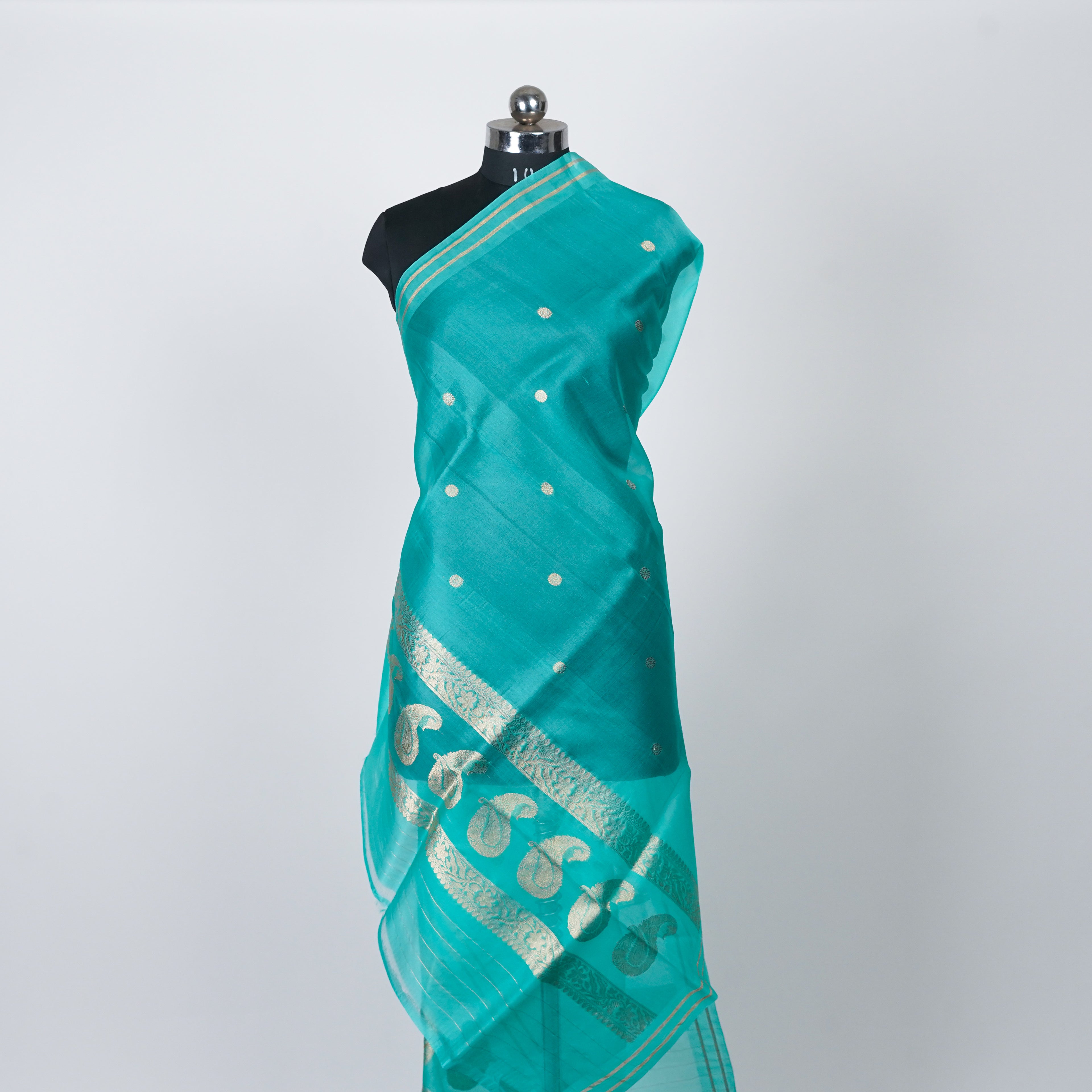 Pink Banarasi Handloom Luxury Suit set contrast with Aqua Teal Green color.