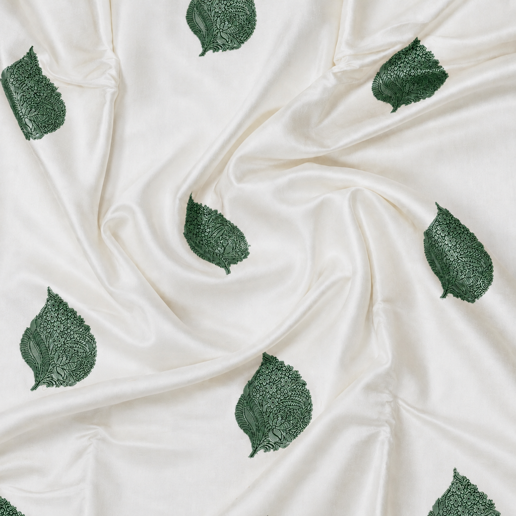 Off white with beautiful Deep Green motifs - Pure Soft Mashru Silk Banarasi Saree