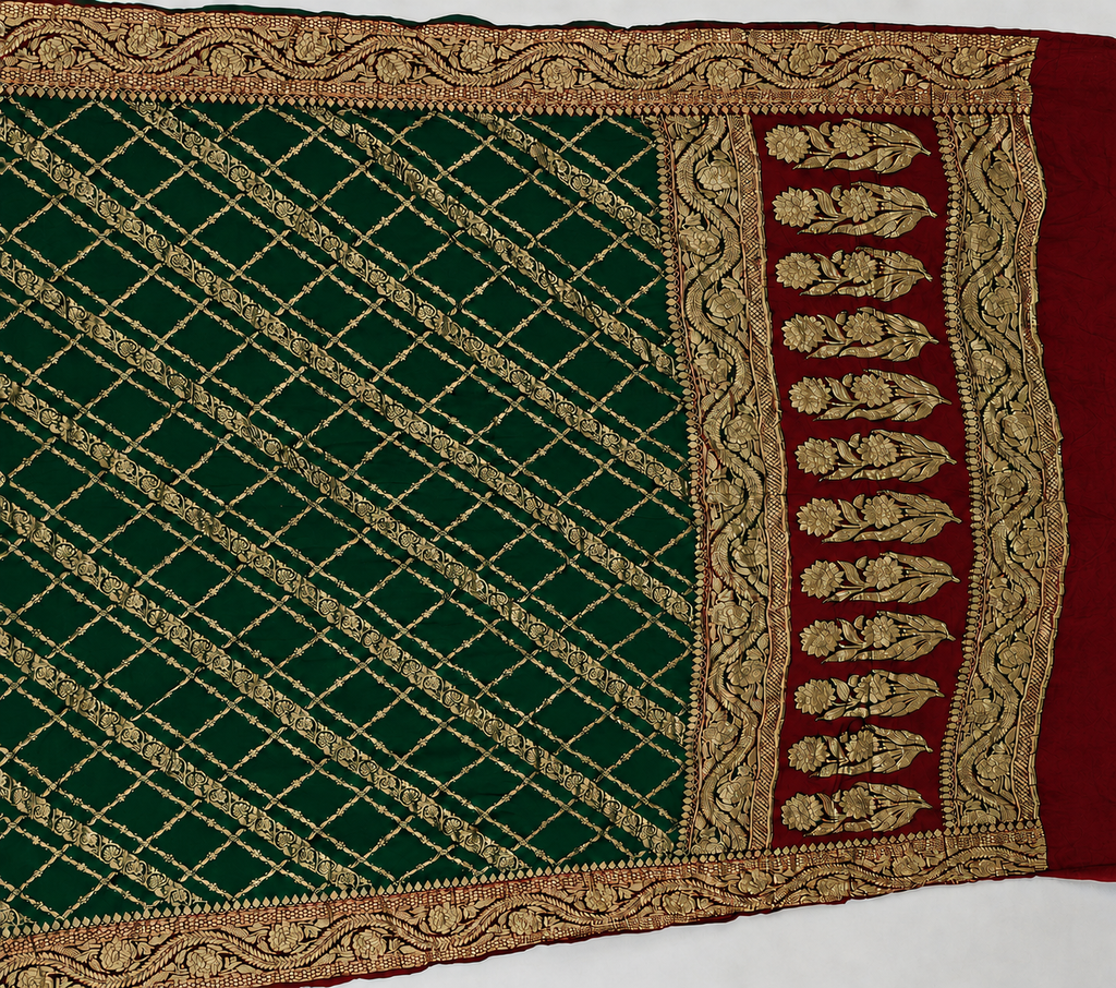 Bottle Green contrast with classic Red - Pure Khaddi Chiffon Georgette Silk Banarasi Saree