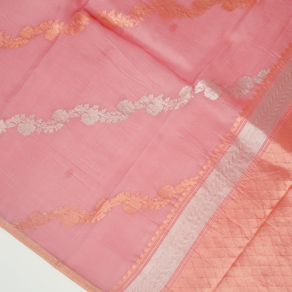 Pinkish Mauve Taupe - Pure Organza Banarasi Saree with Banarasi Half Laheria in gold and silver
