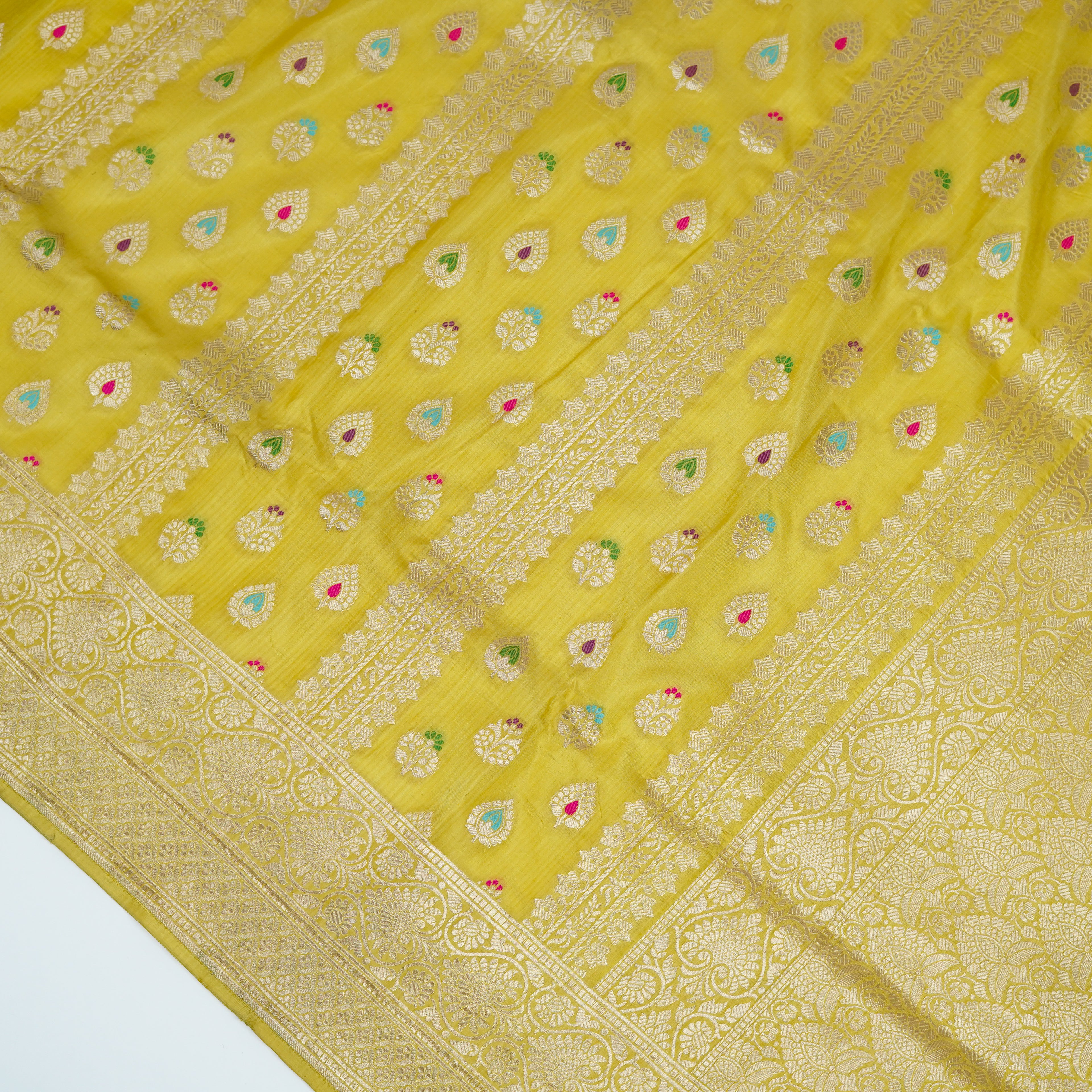Lemon Yellow - Pure Katan Silk Banarasi Saree with water zari and multi color Booti