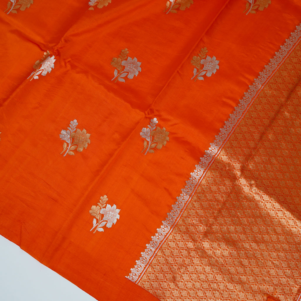 Reddish Orange - Pure Raw Mango Banarasi Saree with Silver Zari and Skirt Border Design