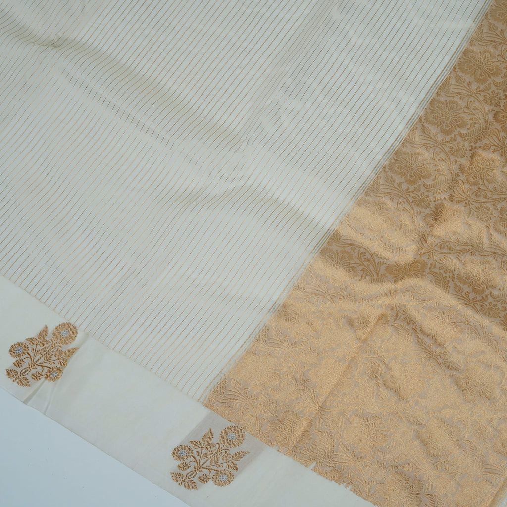 Off-white - Pure Organza Banarasi Saree with Plain Stripe Pattern and Satin Border