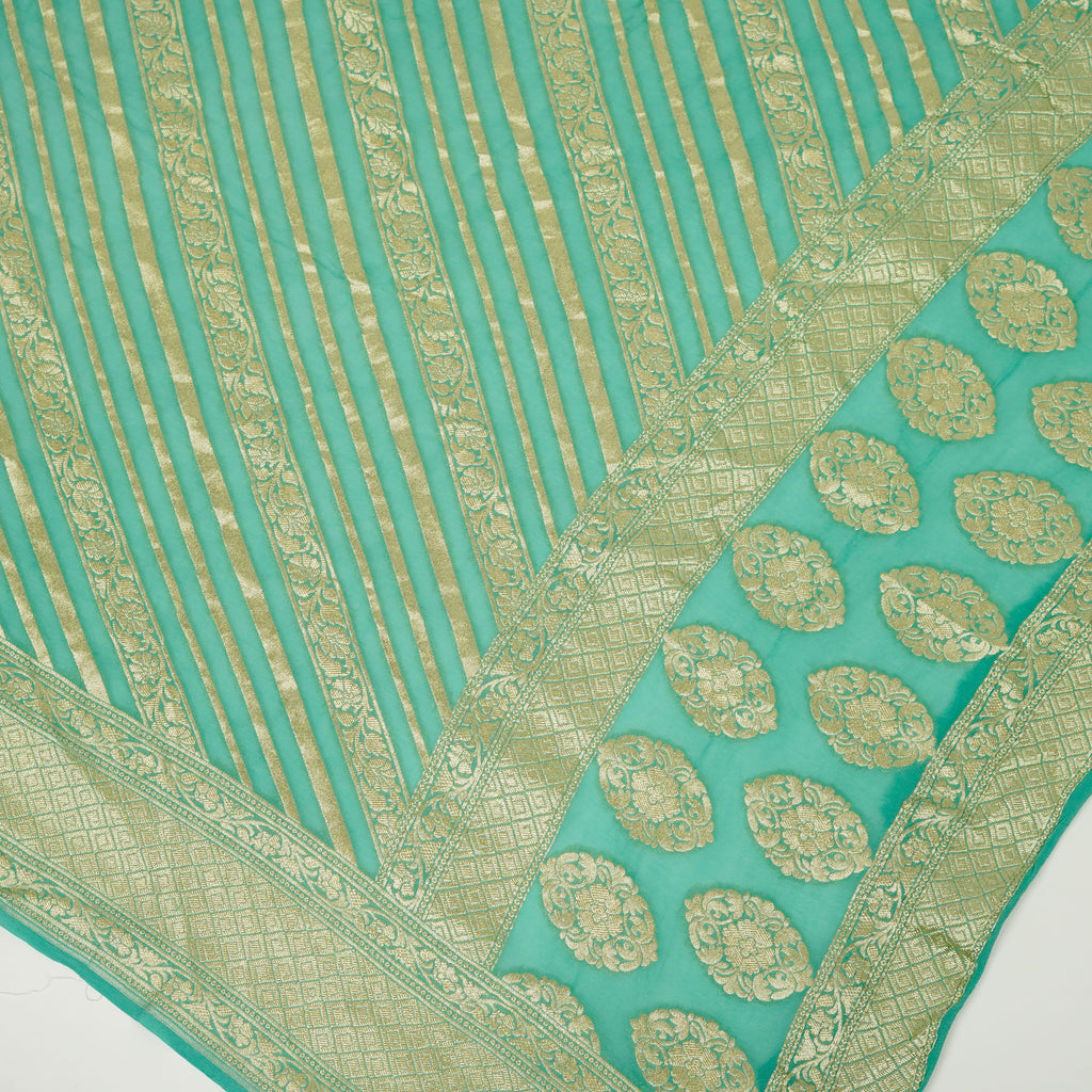 Aqua Light Green - Pure Georgette Banarasi Dupatta with Floral Ara Lining Pattern