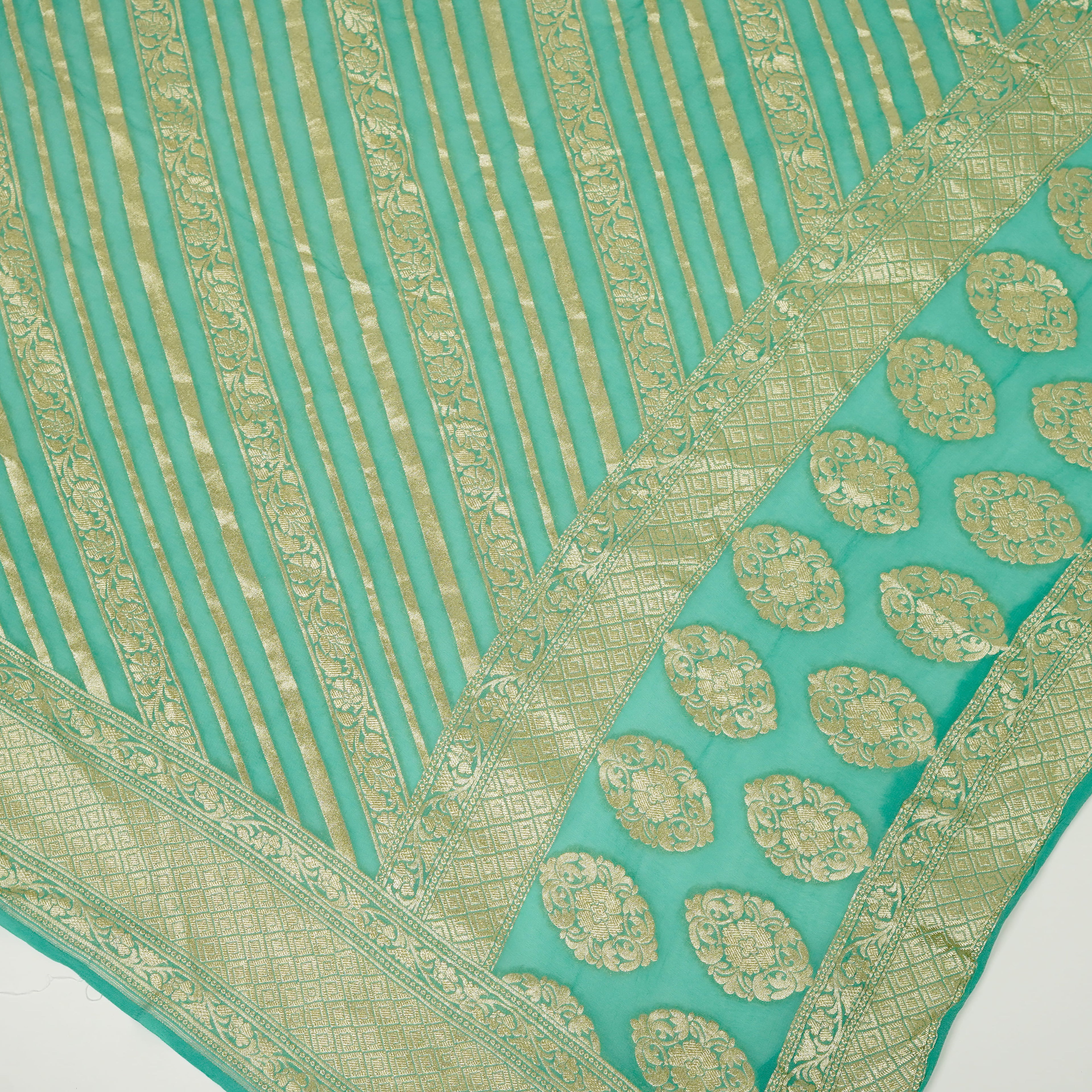 Aqua Light Green - Pure Georgette Banarasi Dupatta with Floral Ara Lining Pattern