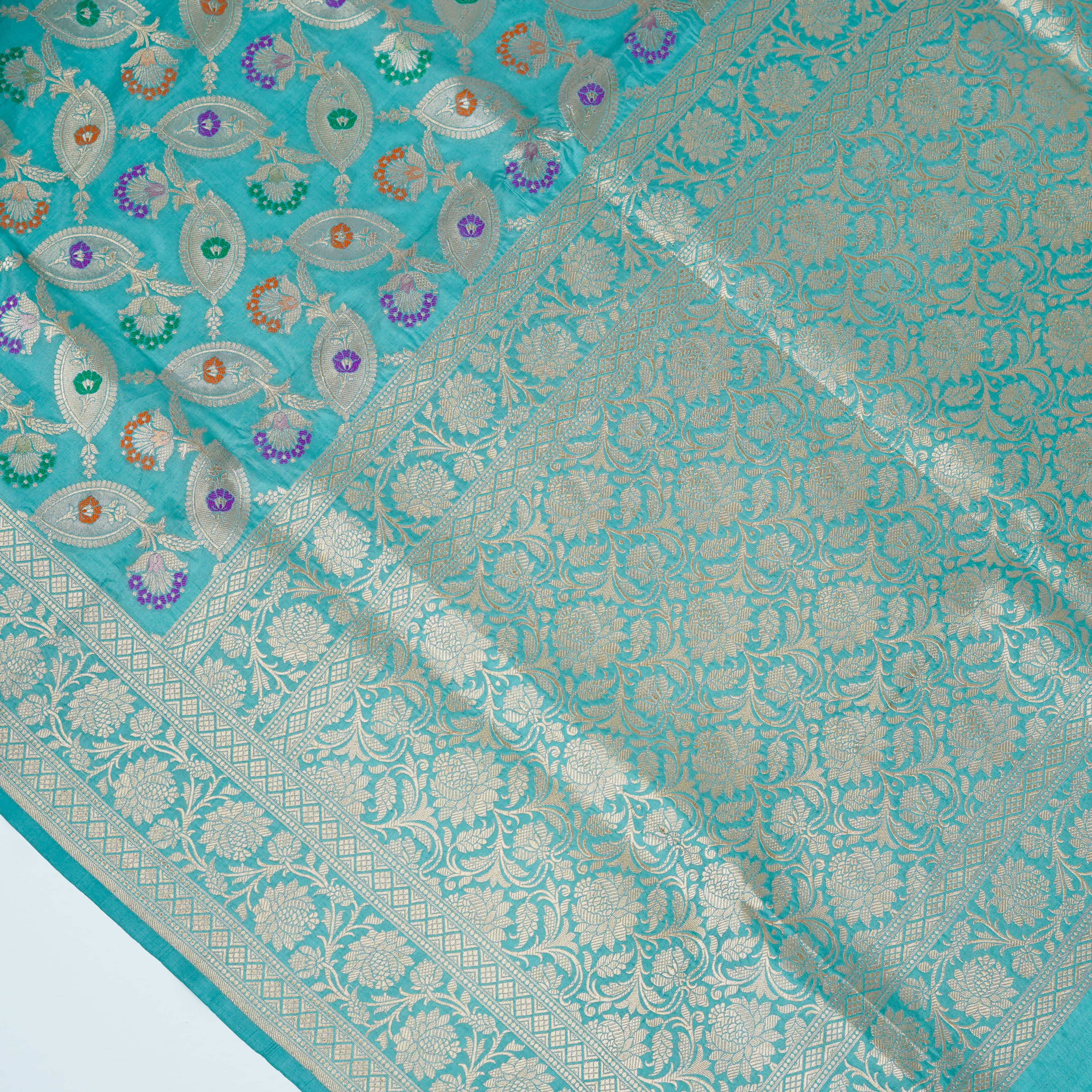 Aqua Green - Pure Katan Silk Banarasi Saree with water zari and multi color Jaal